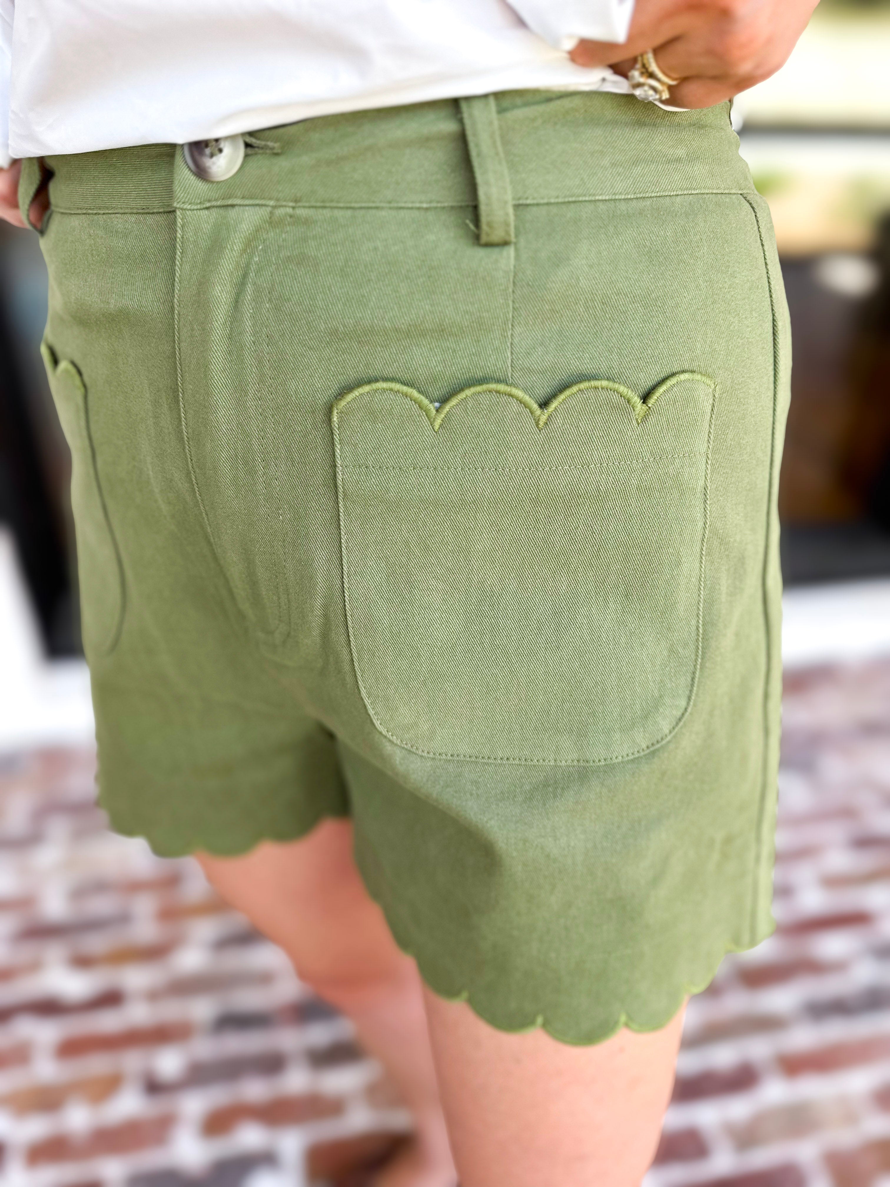 Scalloped Shorts - Matcha-410 Shorts/Skirts-ENTRO-July & June Women's Fashion Boutique Located in San Antonio, Texas