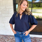 Feminine Everyday V-Neck Blouse - Navy Blue-200 Fashion Blouses-OLIVACEOUS-July & June Women's Fashion Boutique Located in San Antonio, Texas