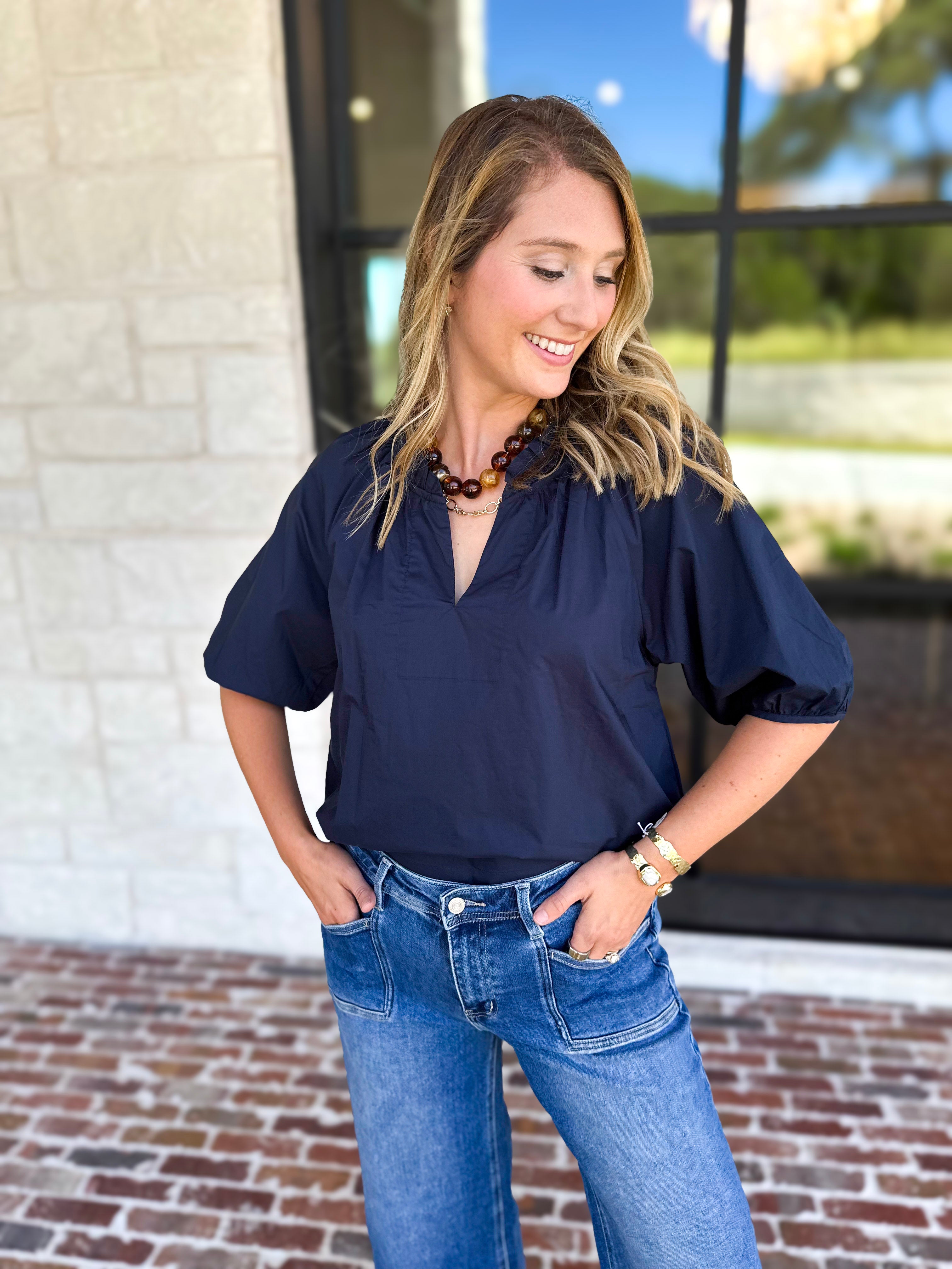 Feminine Everyday V-Neck Blouse - Navy Blue-200 Fashion Blouses-OLIVACEOUS-July & June Women's Fashion Boutique Located in San Antonio, Texas