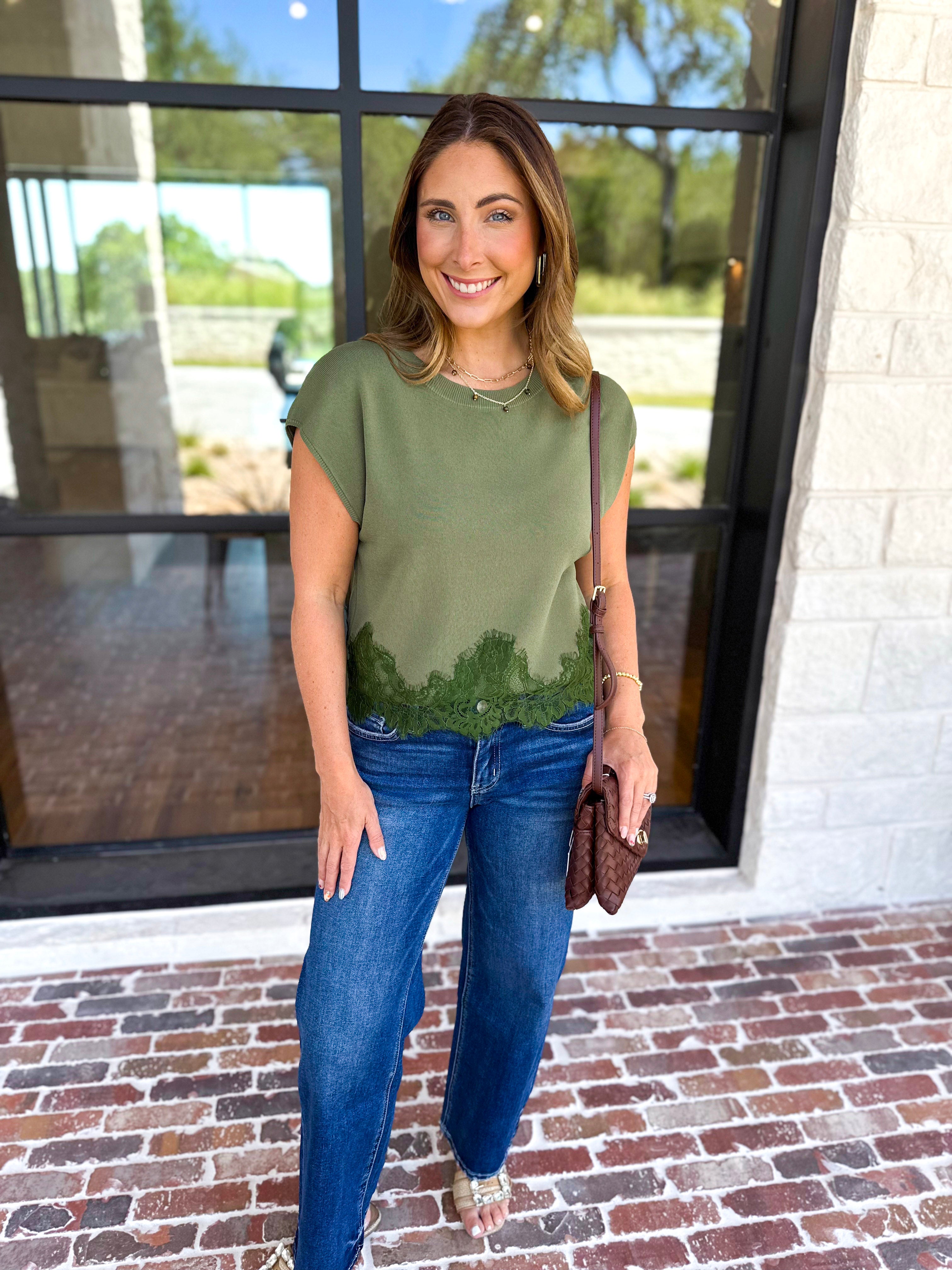 The Timeless Lace Detail Top - Olive-200 Fashion Blouses-ENTRO-July & June Women's Fashion Boutique Located in San Antonio, Texas