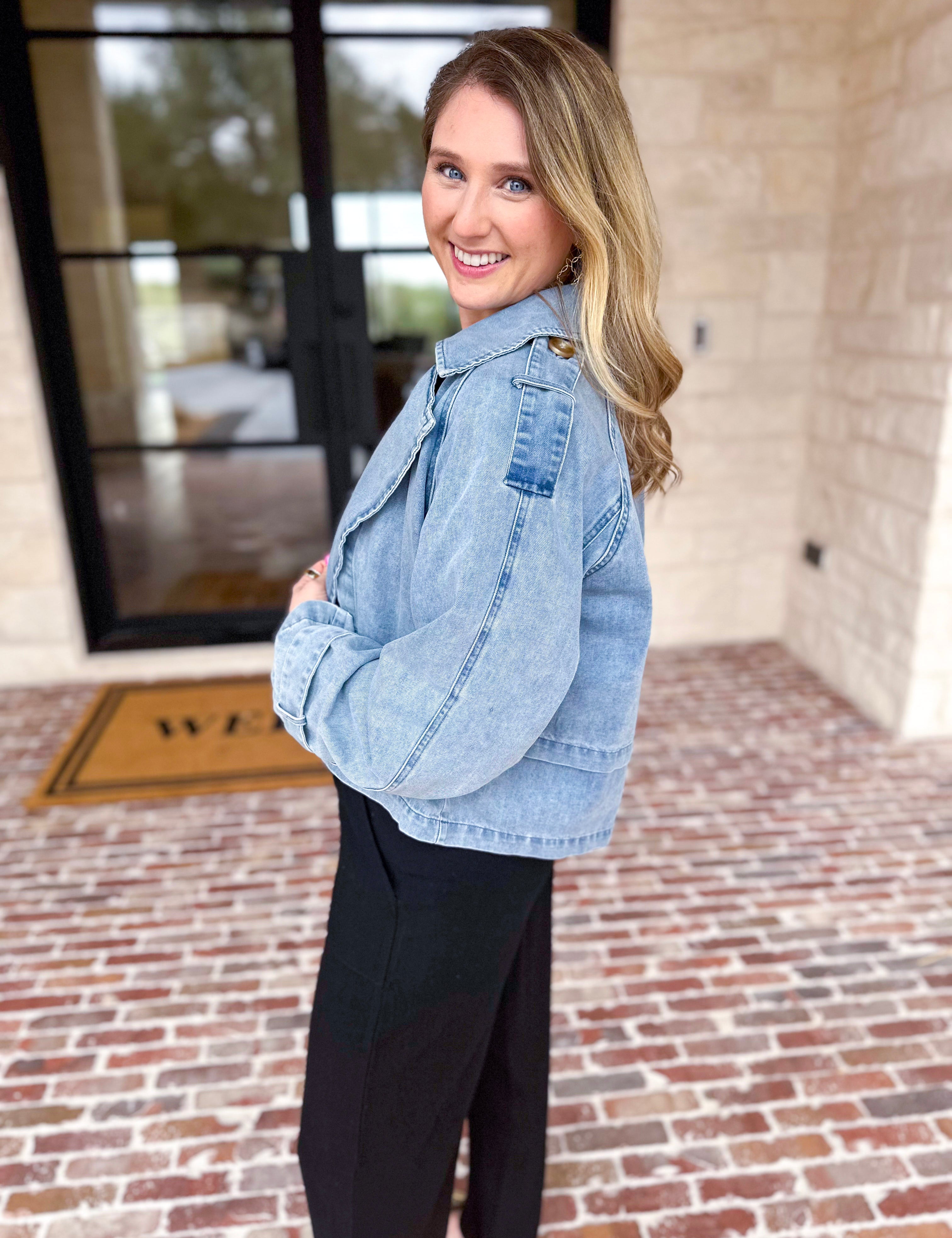 Light Wash Trench Style Denim Jacket-600 Outerwear-TCEC-July & June Women's Fashion Boutique Located in San Antonio, Texas