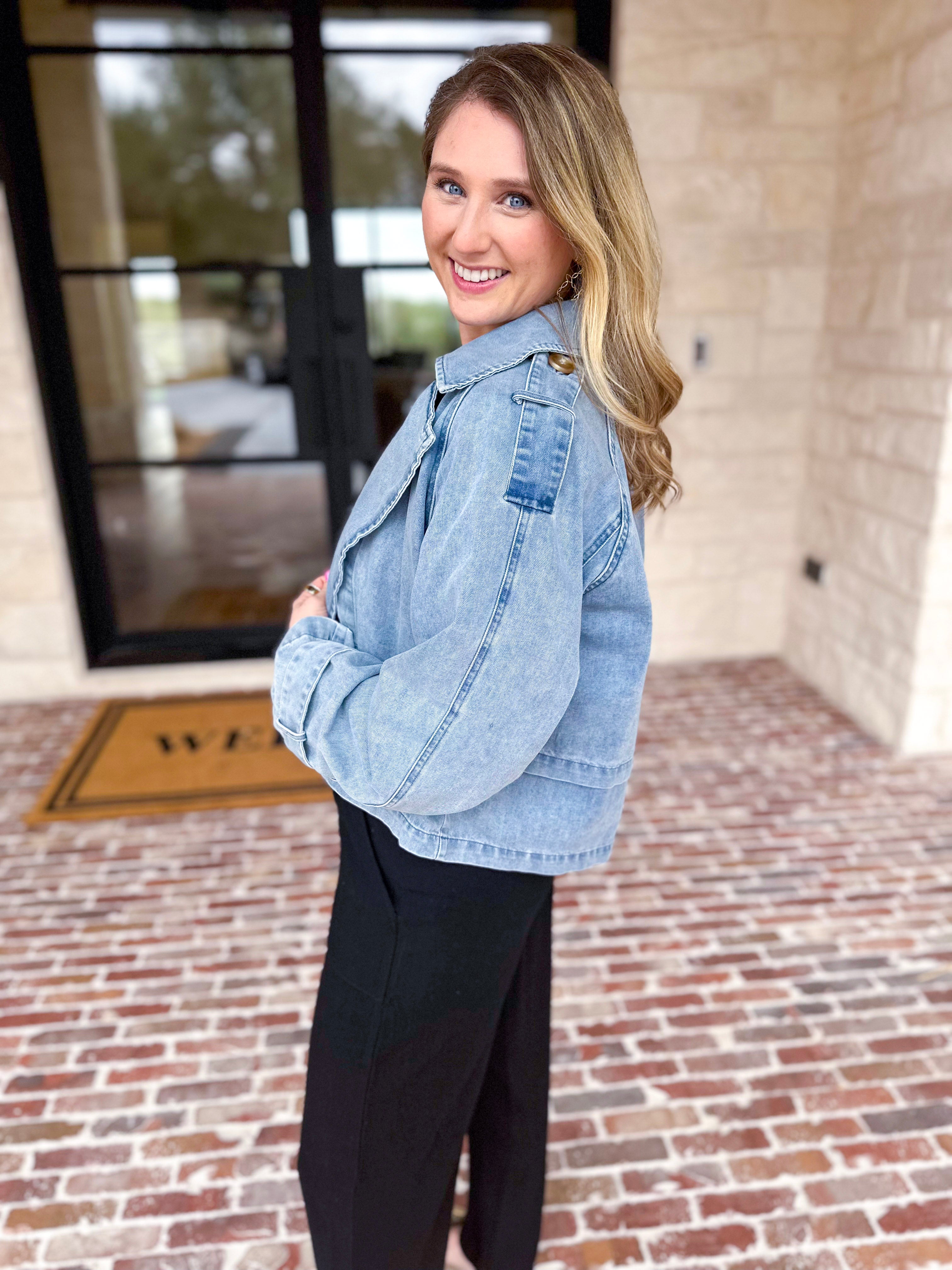 Light Wash Trench Style Denim Jacket-600 Outerwear-TCEC-July & June Women's Fashion Boutique Located in San Antonio, Texas