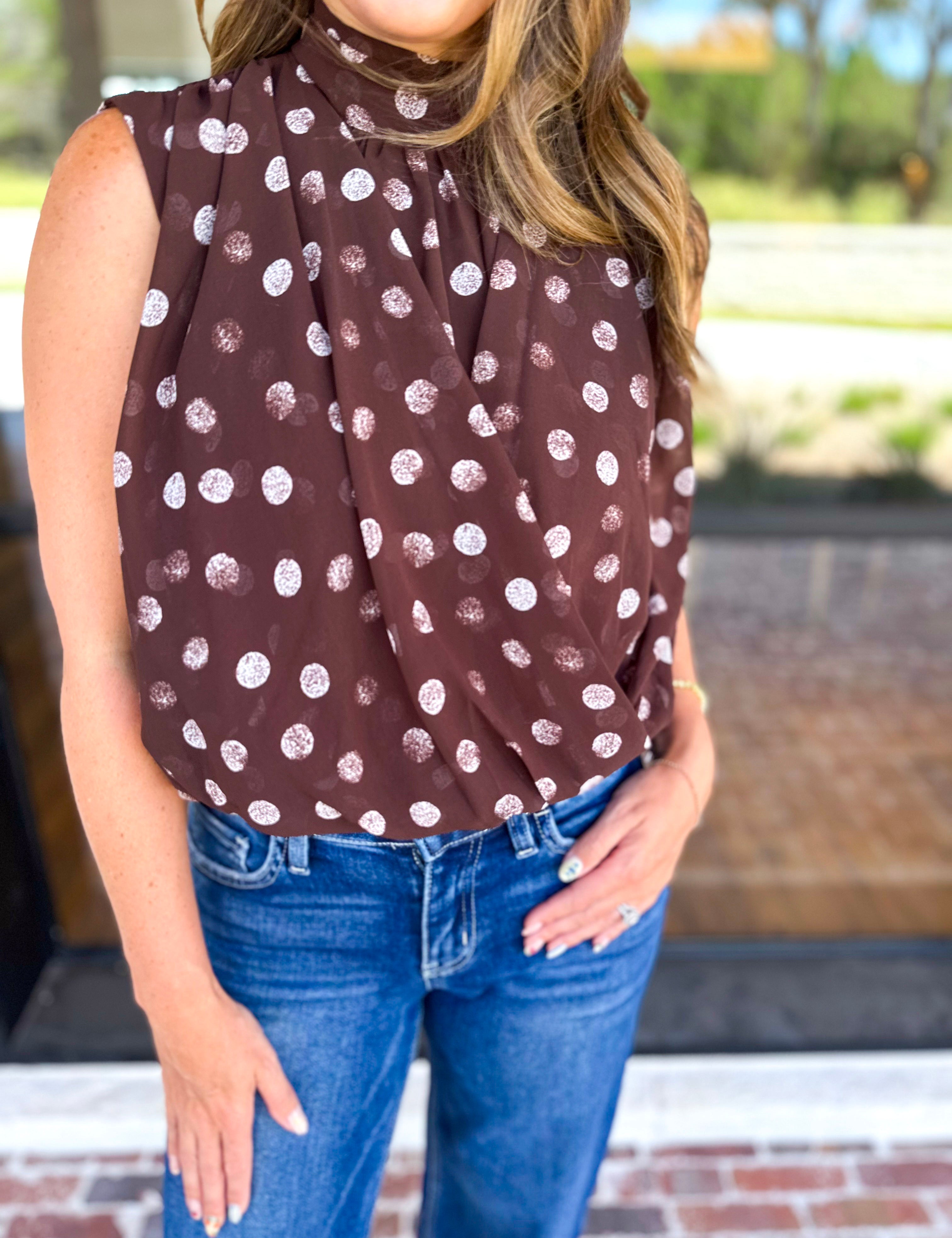 Date Night Polka Dot Top - Brown-200 Fashion Blouses-ENTRO-July & June Women's Fashion Boutique Located in San Antonio, Texas