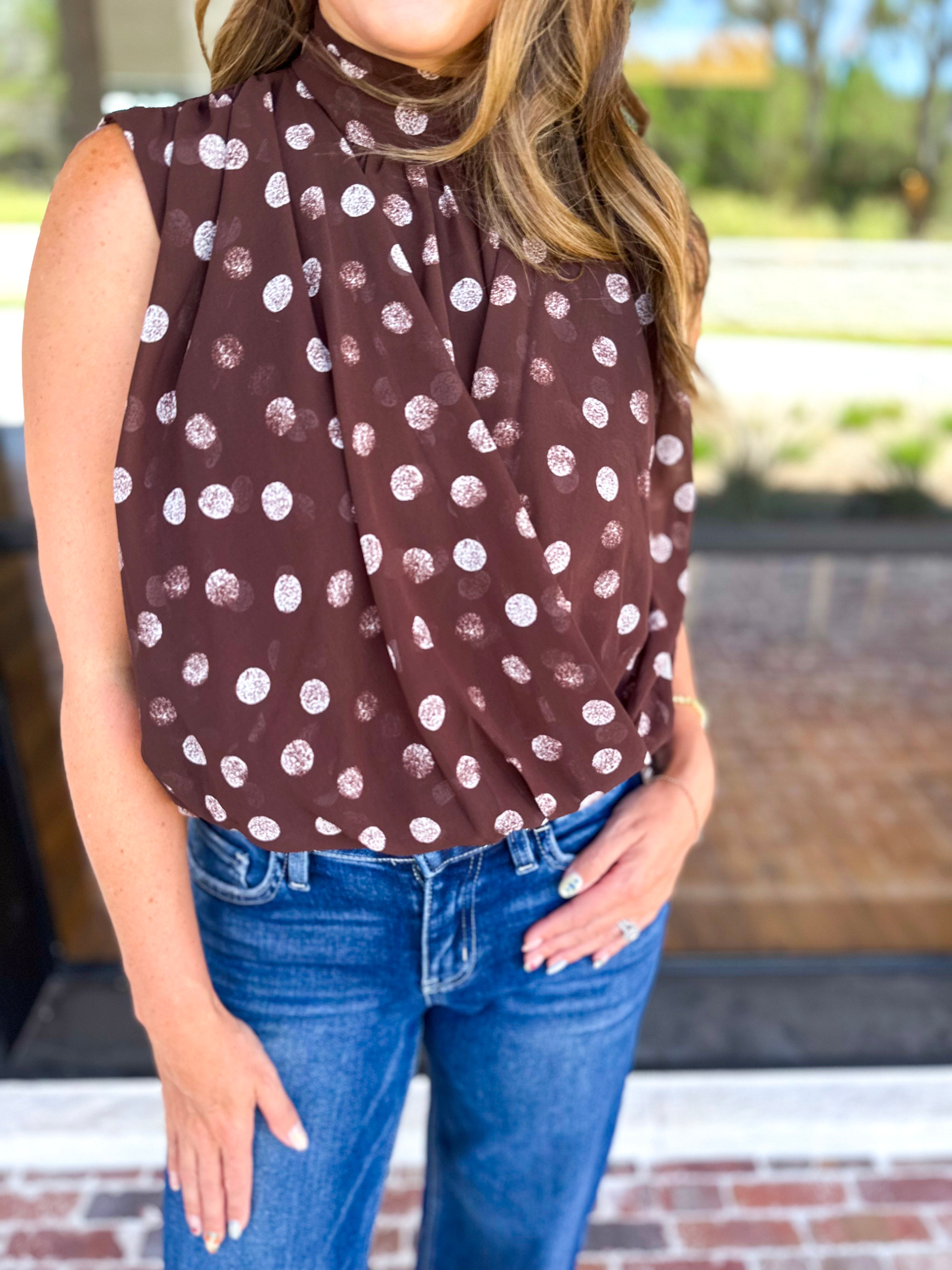 Date Night Polka Dot Top - Brown-200 Fashion Blouses-ENTRO-July & June Women's Fashion Boutique Located in San Antonio, Texas