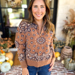 Current Air - Chestnut Paisley Quarter Zip Sweater-230 Sweaters/Cardis-CURRENT AIR CLOTHING-July & June Women's Fashion Boutique Located in San Antonio, Texas