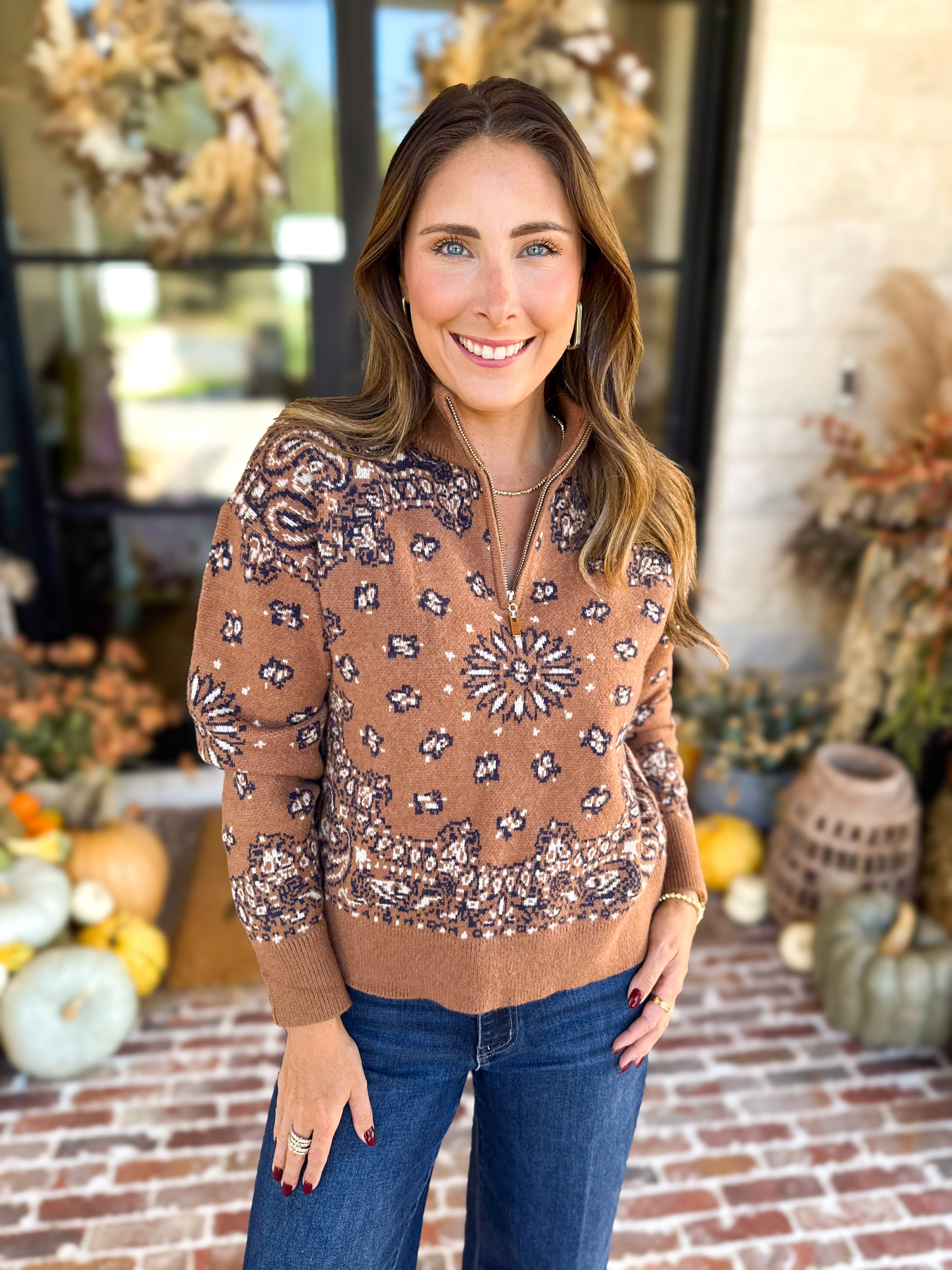 Current Air - Chestnut Paisley Quarter Zip Sweater-230 Sweaters/Cardis-CURRENT AIR CLOTHING-July & June Women's Fashion Boutique Located in San Antonio, Texas
