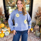 Current Air - Sky Blue Daisy Sweater-230 Sweaters/Cardis-CURRENT AIR CLOTHING-July & June Women's Fashion Boutique Located in San Antonio, Texas