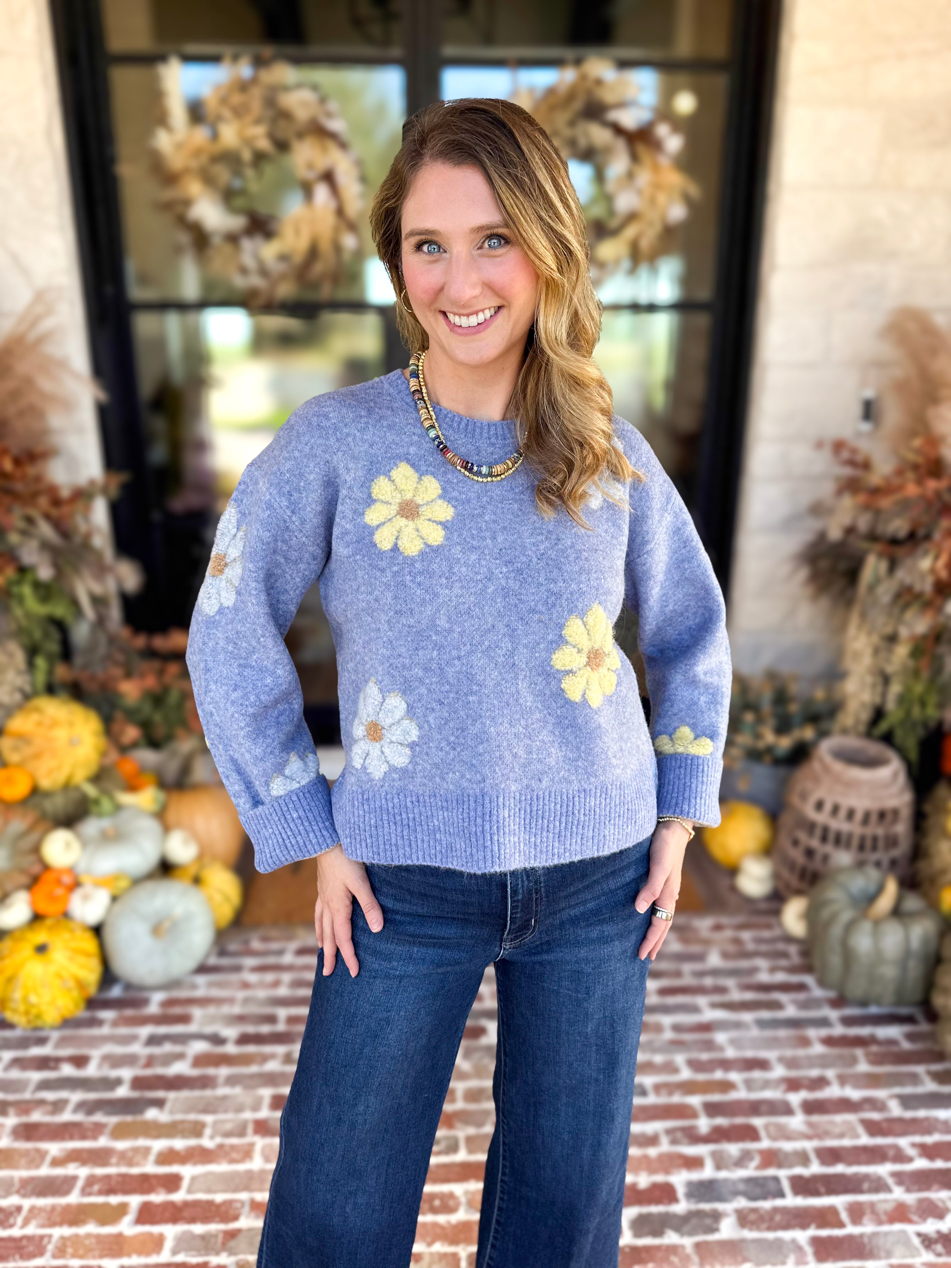 Current Air - Sky Blue Daisy Sweater-230 Sweaters/Cardis-CURRENT AIR CLOTHING-July & June Women's Fashion Boutique Located in San Antonio, Texas