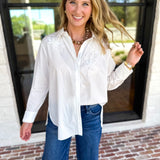 Current Air - Crisp White Floral Button Down Blouse-200 Fashion Blouses-CURRENT AIR CLOTHING-July & June Women's Fashion Boutique Located in San Antonio, Texas
