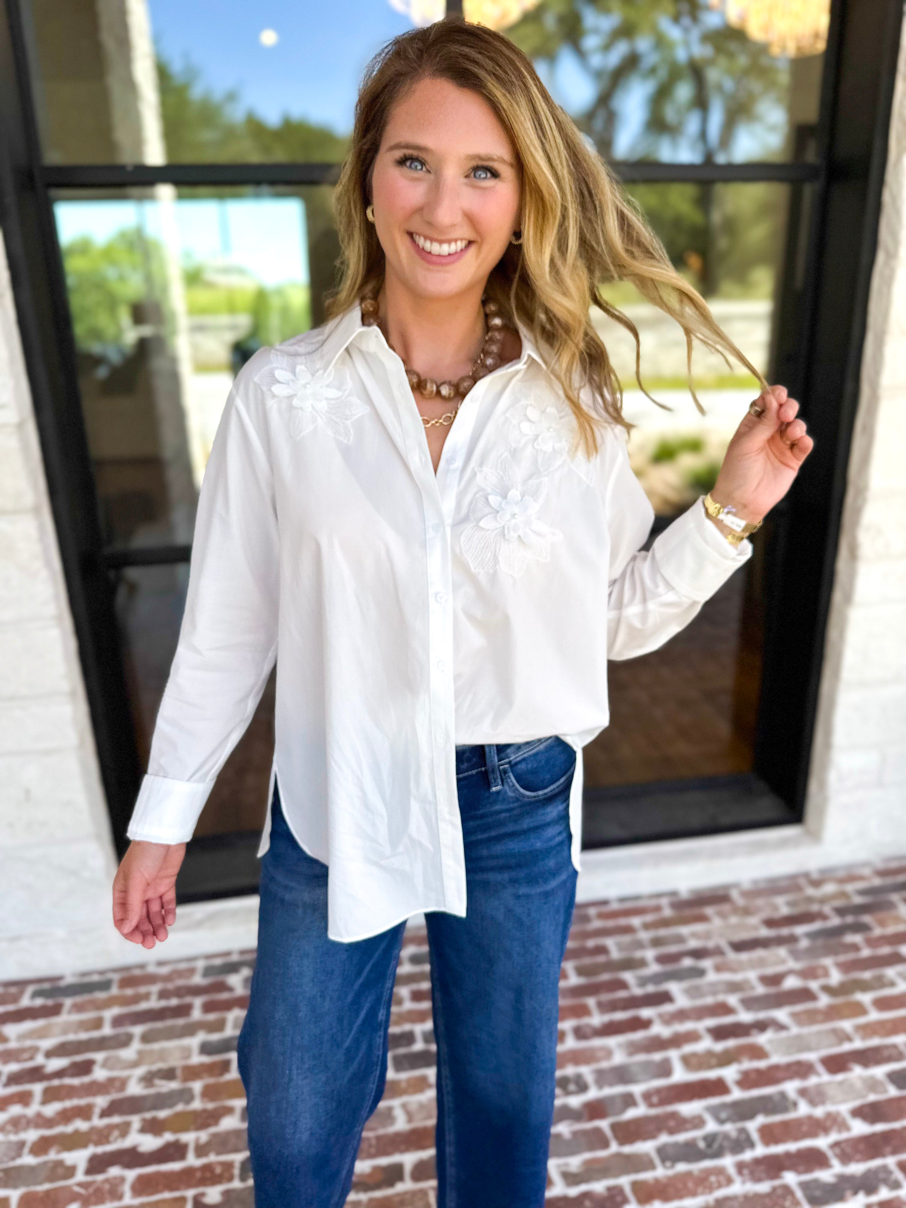 Current Air - Crisp White Floral Button Down Blouse-200 Fashion Blouses-CURRENT AIR CLOTHING-July & June Women's Fashion Boutique Located in San Antonio, Texas