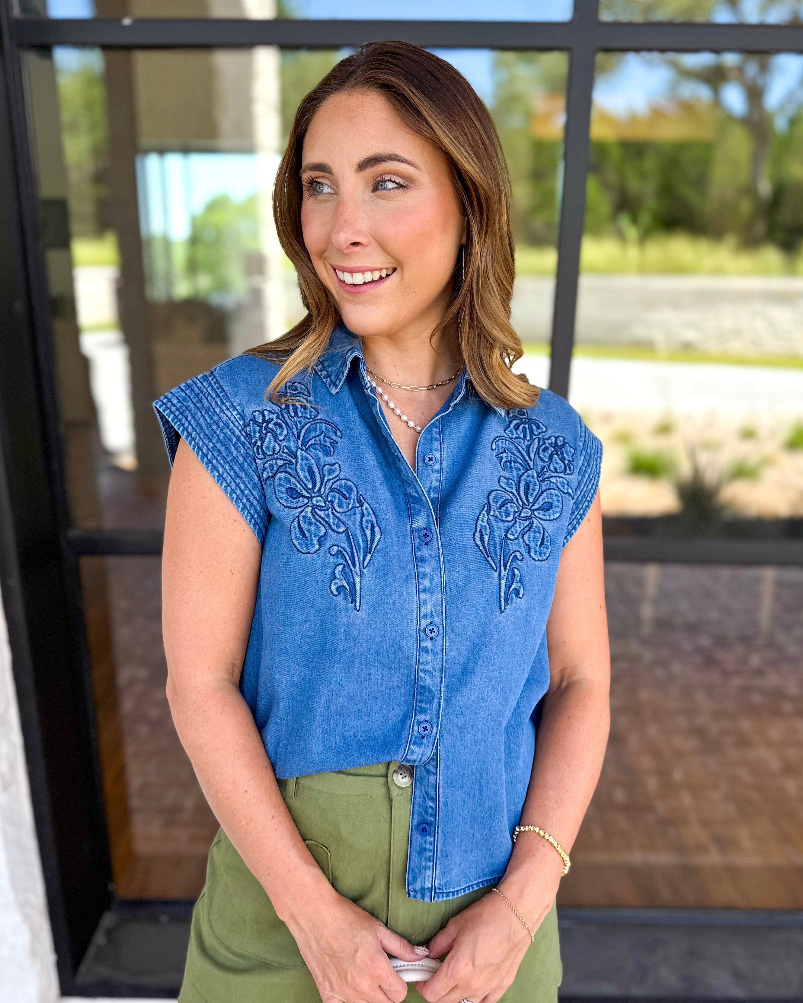 Current Air - Embroidered Washed Denim Short Sleeve Top-200 Fashion Blouses-CURRENT AIR CLOTHING-July & June Women's Fashion Boutique Located in San Antonio, Texas