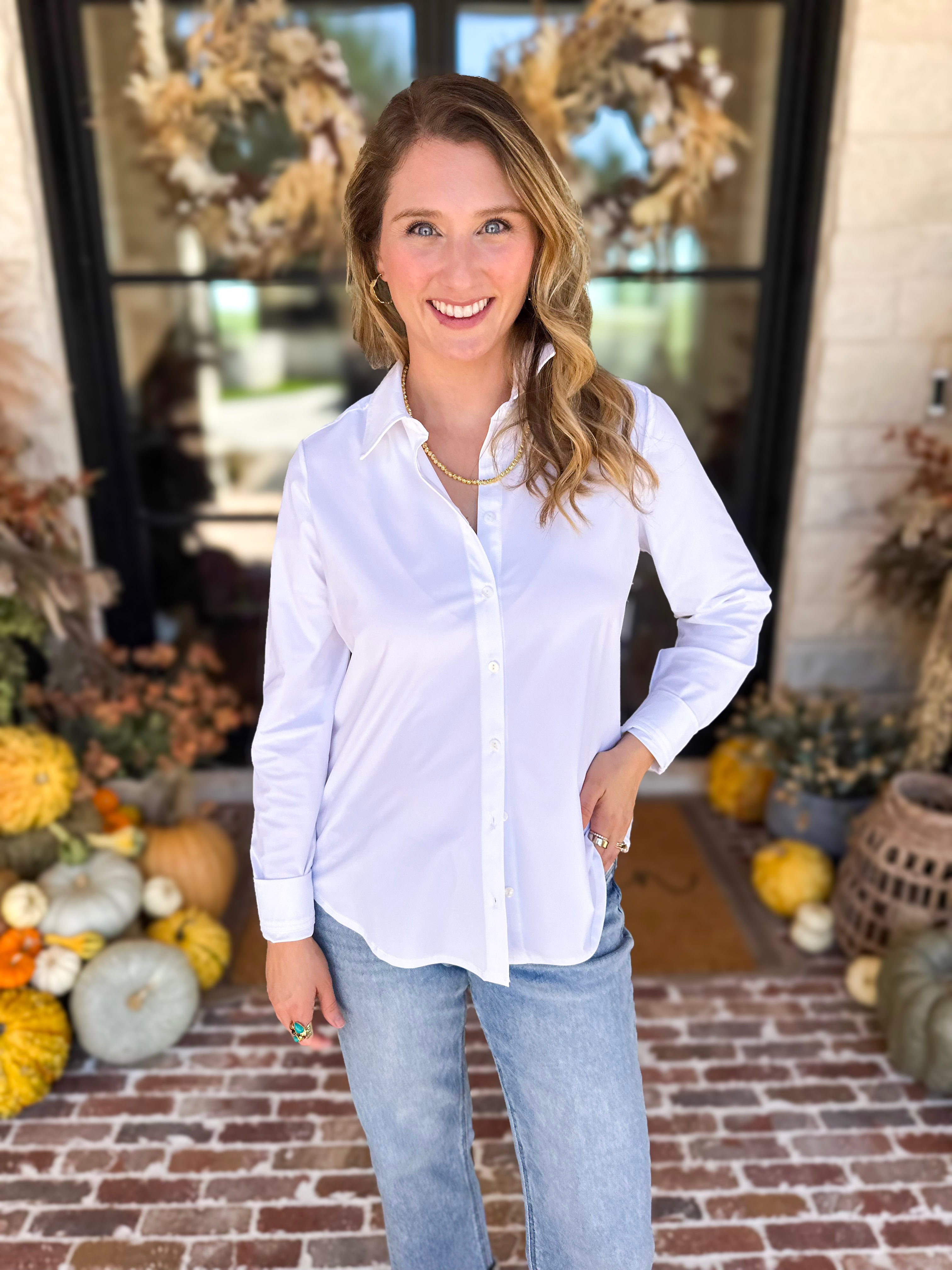 Liverpool - The Classic White Button Down-200 Fashion Blouses-LIVERPOOL JEANS COMPANY-July & June Women's Fashion Boutique Located in San Antonio, Texas