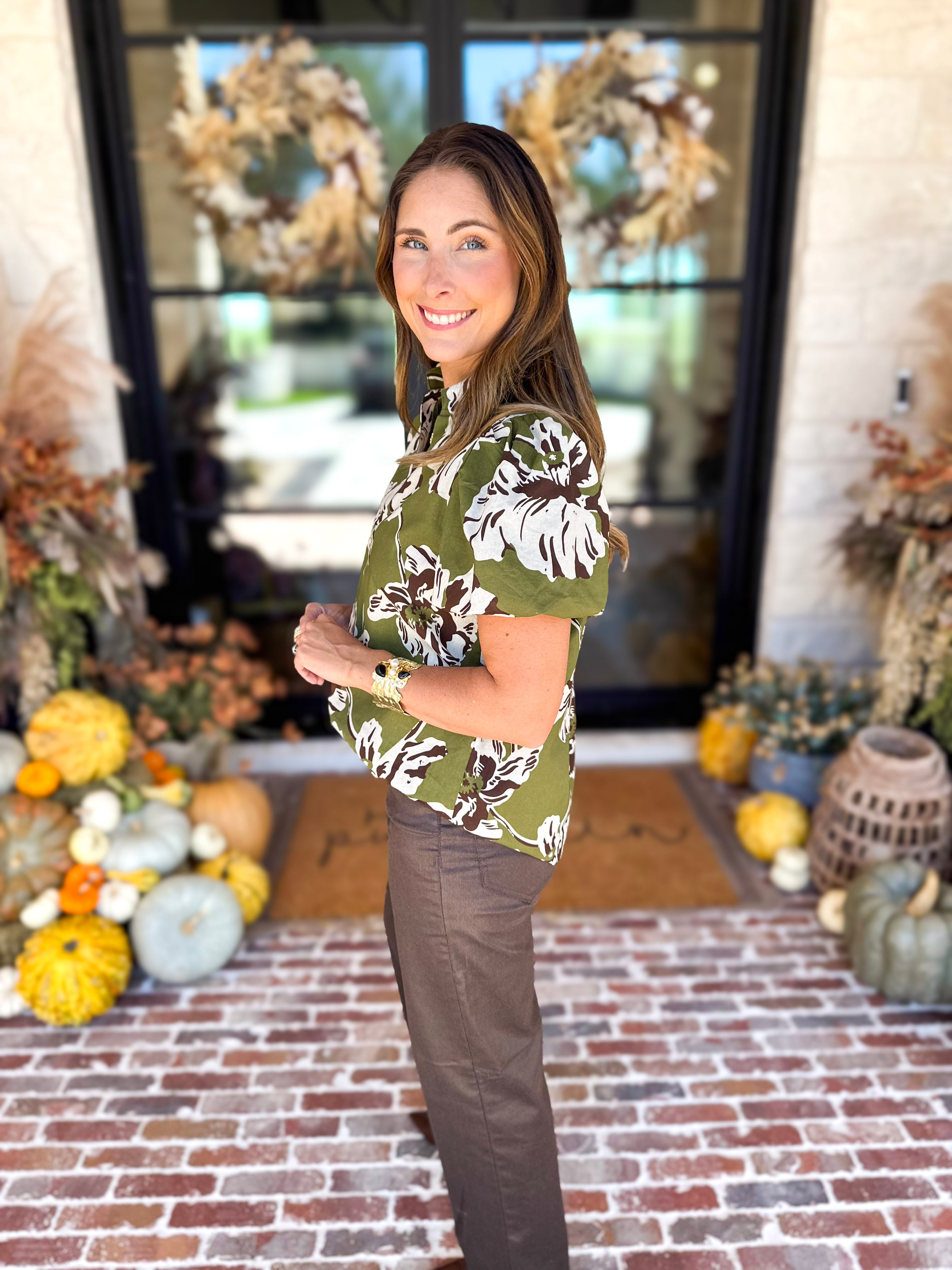 Moss Floral Puff Sleeve Blouse-200 Fashion Blouses-TCEC-July & June Women's Fashion Boutique Located in San Antonio, Texas