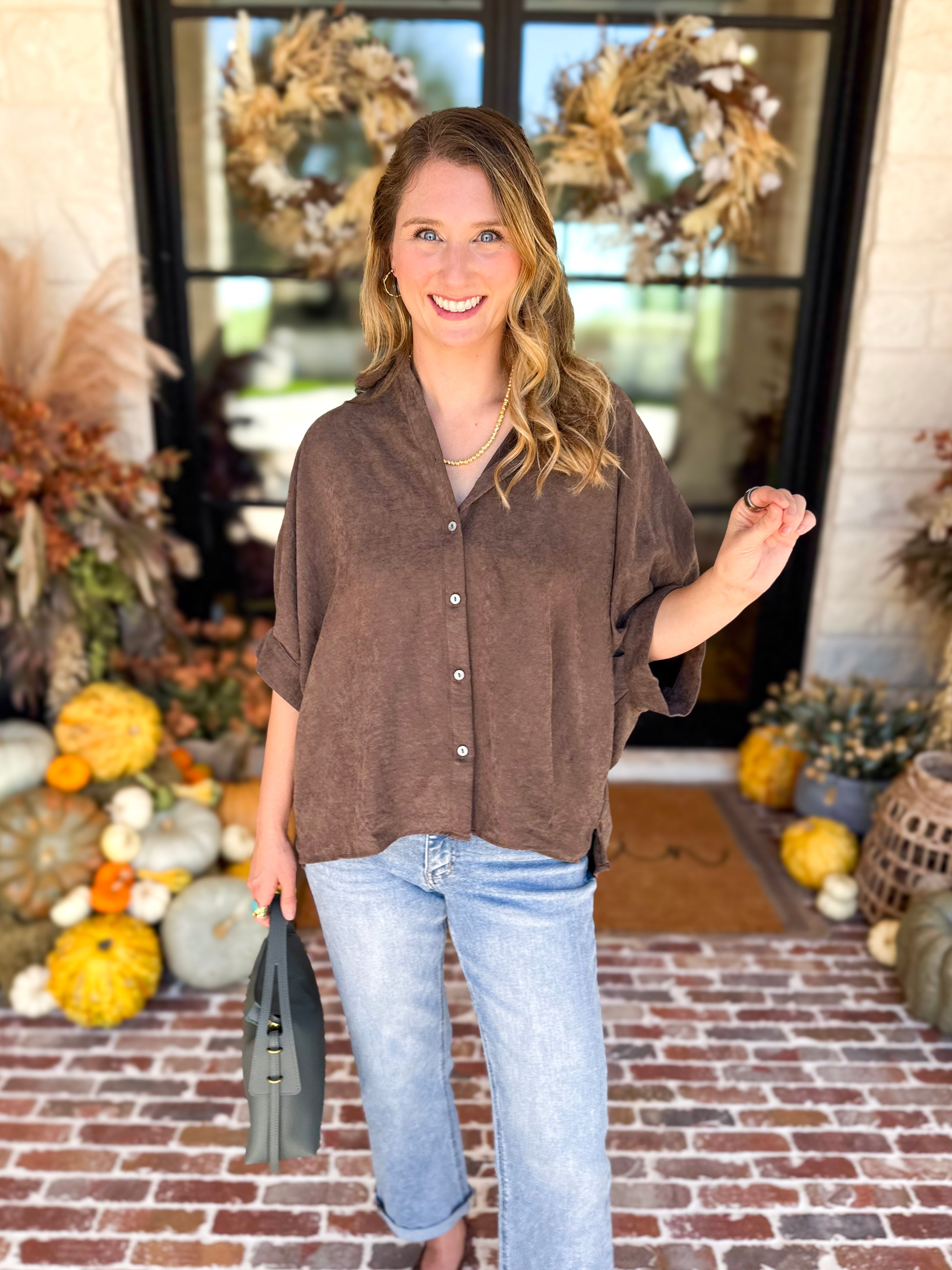 Heathered Brown Oversized Blouse-200 Fashion Blouses-ENTRO-July & June Women's Fashion Boutique Located in San Antonio, Texas