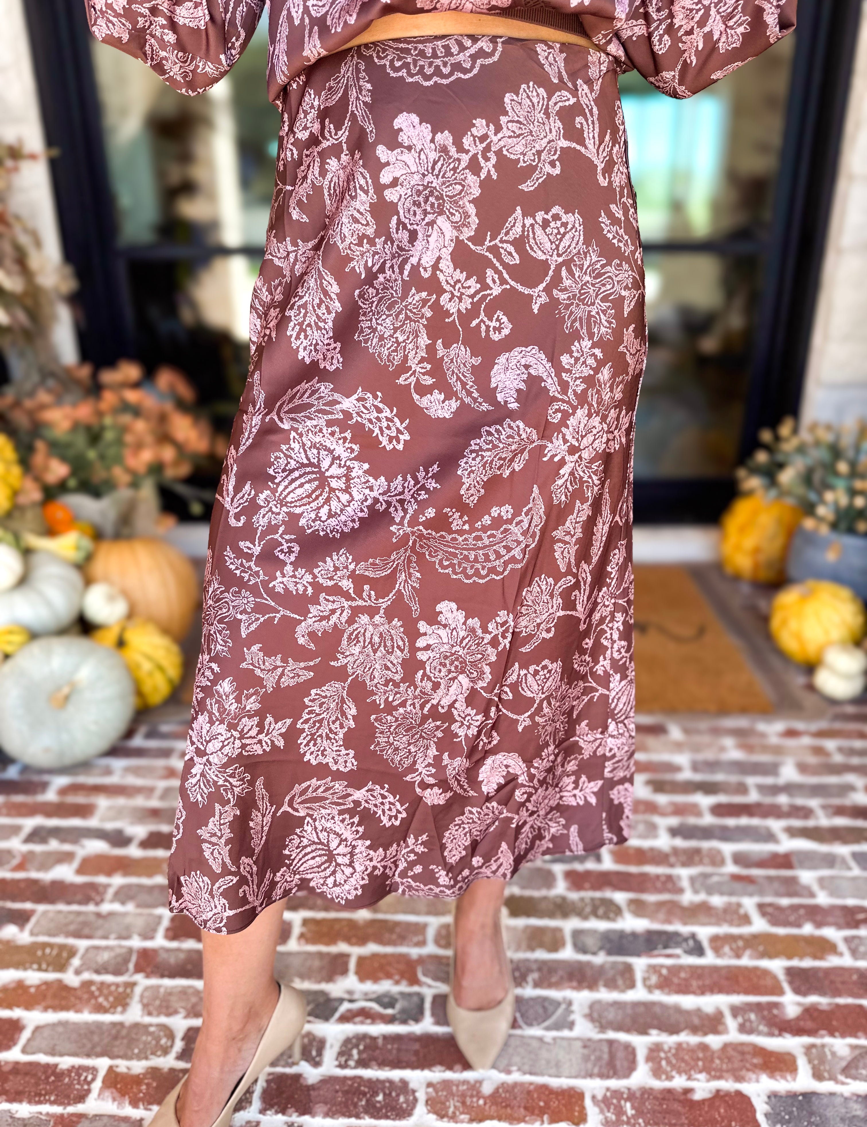 Current Air - Satin Blushing Florals Midi Skirt-410 Shorts/Skirts-CURRENT AIR CLOTHING-July & June Women's Fashion Boutique Located in San Antonio, Texas