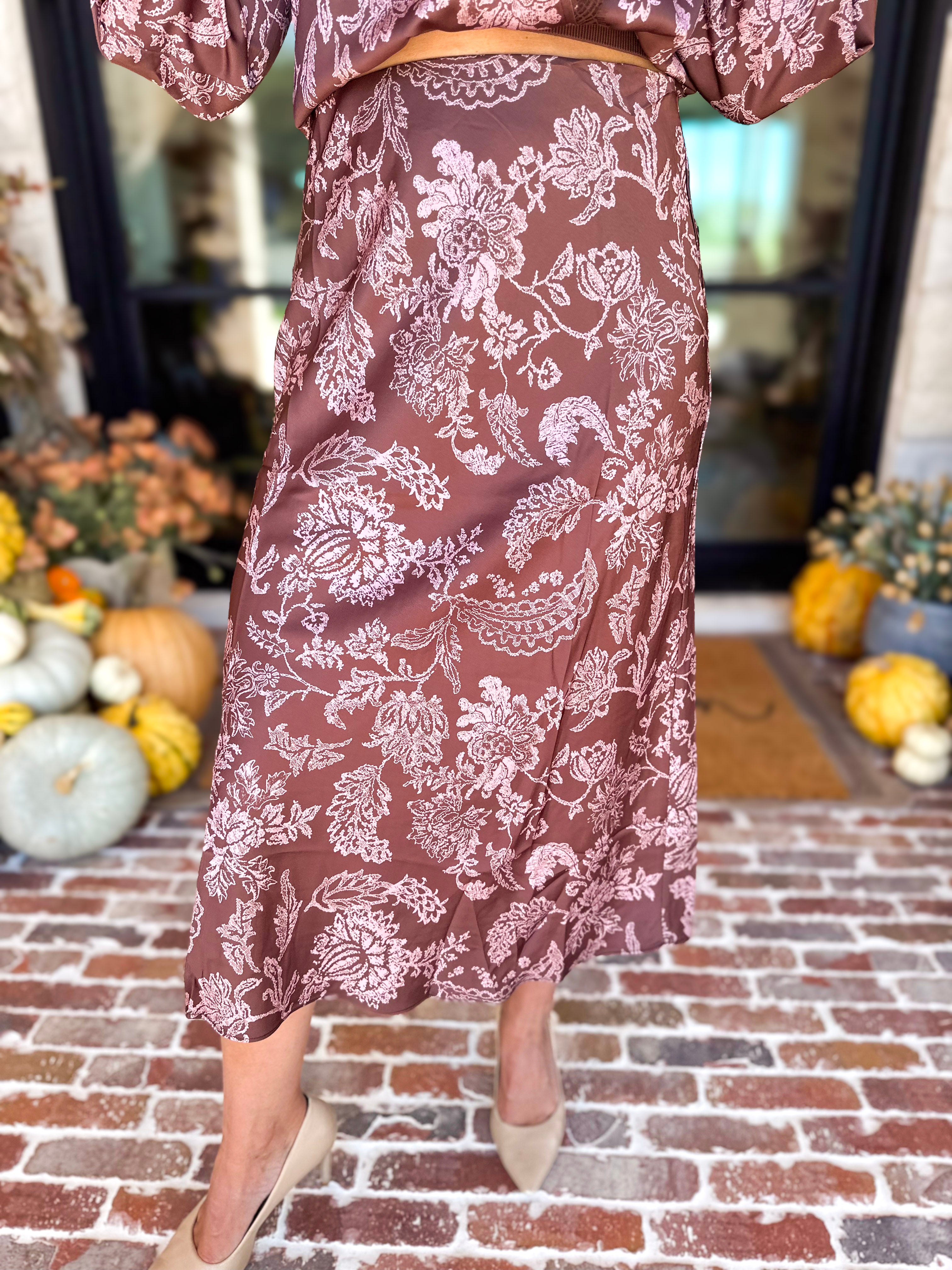 Current Air - Satin Blushing Florals Midi Skirt-410 Shorts/Skirts-CURRENT AIR CLOTHING-July & June Women's Fashion Boutique Located in San Antonio, Texas