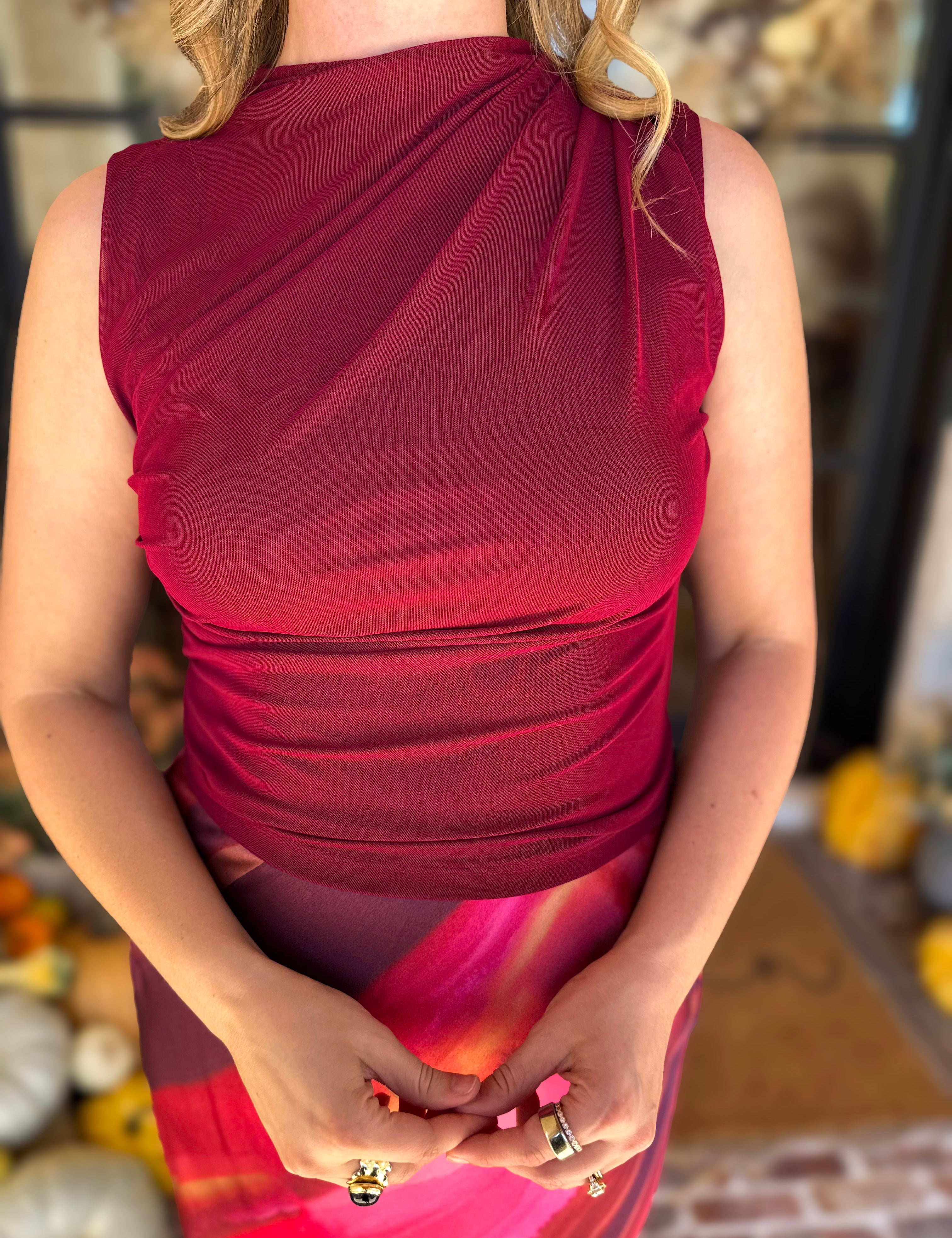 Sleek & Chic Pomegranate Sleeveless Blouse-200 Fashion Blouses-DRESS FORUM-July & June Women's Fashion Boutique Located in San Antonio, Texas