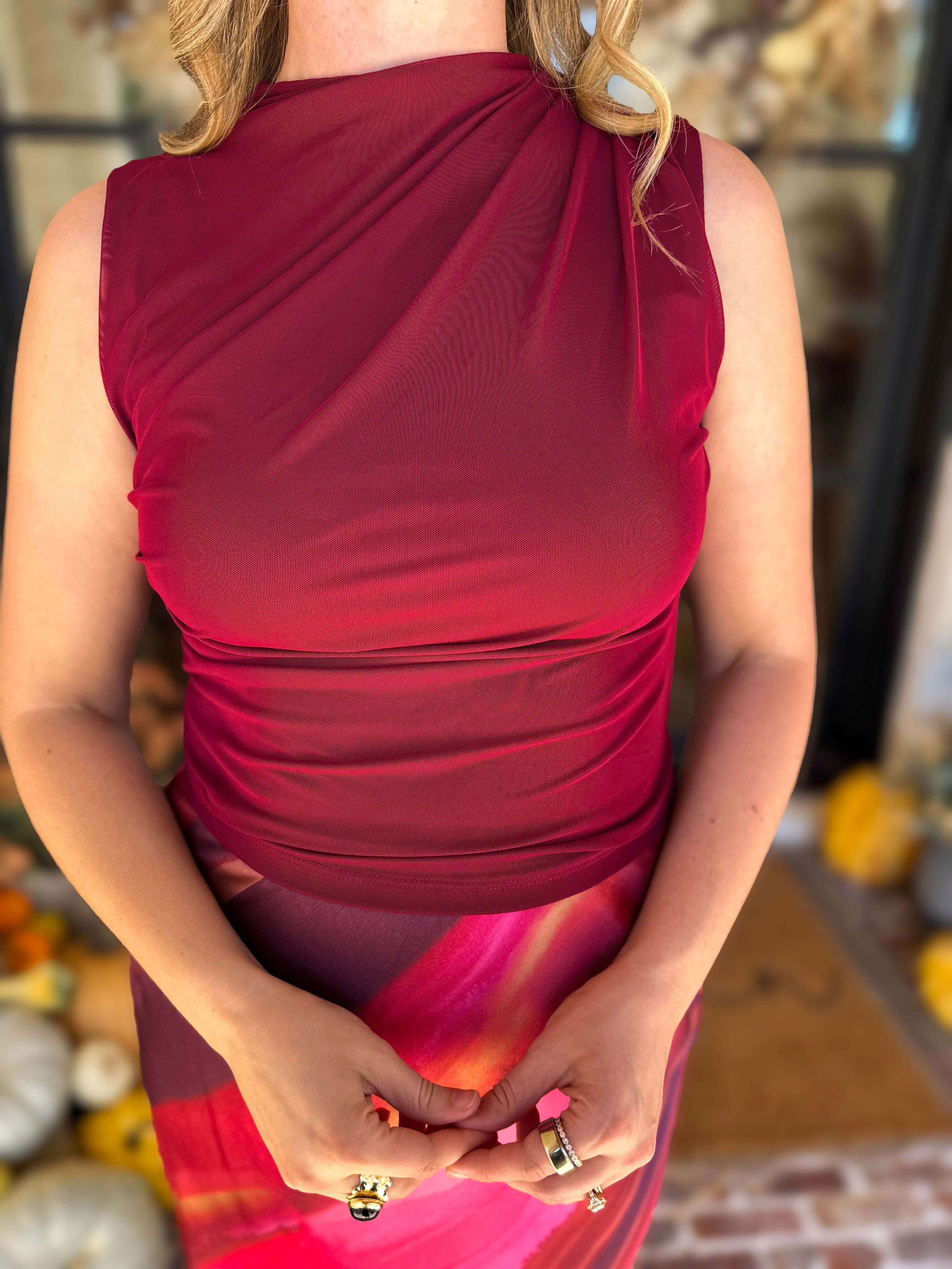 Sleek & Chic Pomegranate Sleeveless Blouse-200 Fashion Blouses-DRESS FORUM-July & June Women's Fashion Boutique Located in San Antonio, Texas