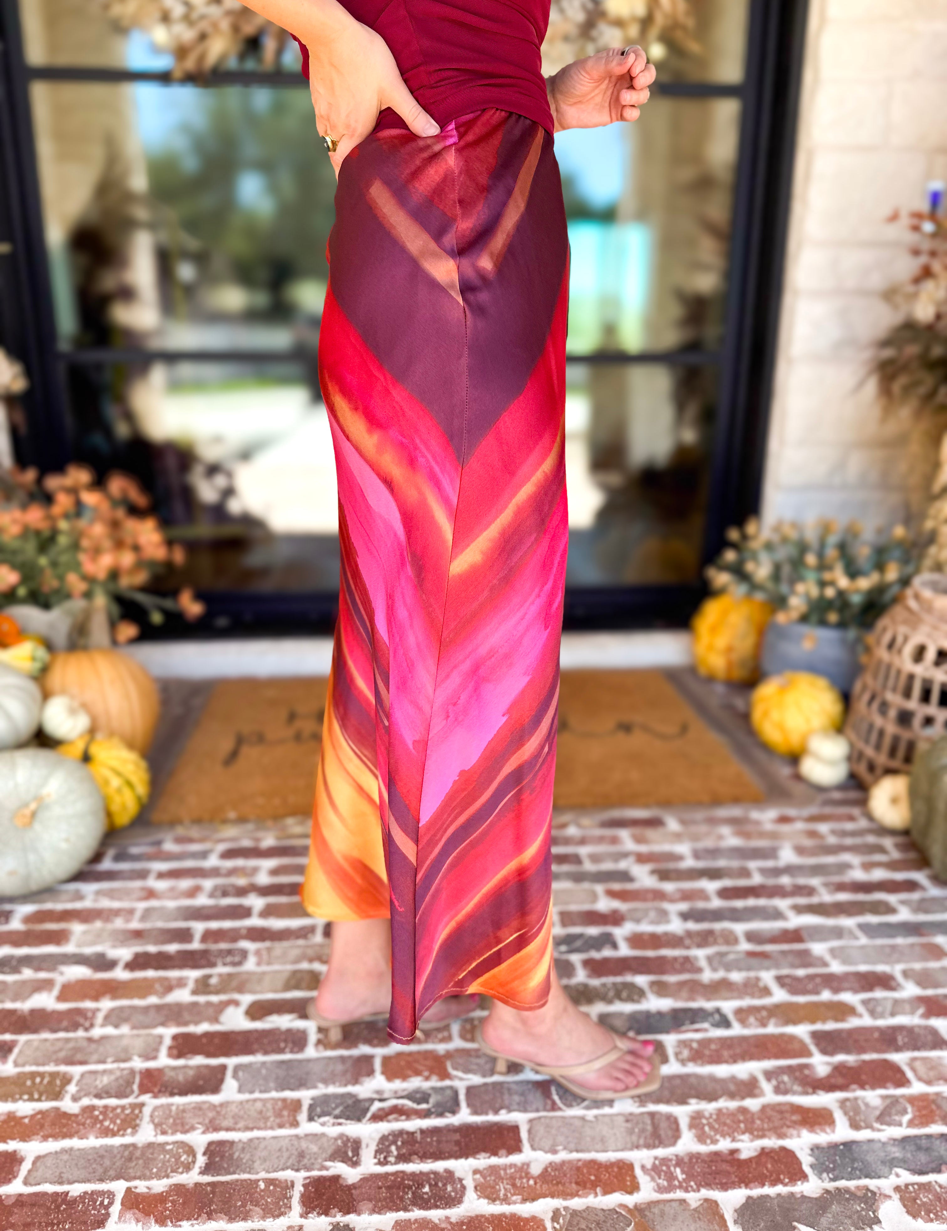 Golden Sunset Satin Midi Skirt-410 Shorts/Skirts-DRESS FORUM-July & June Women's Fashion Boutique Located in San Antonio, Texas
