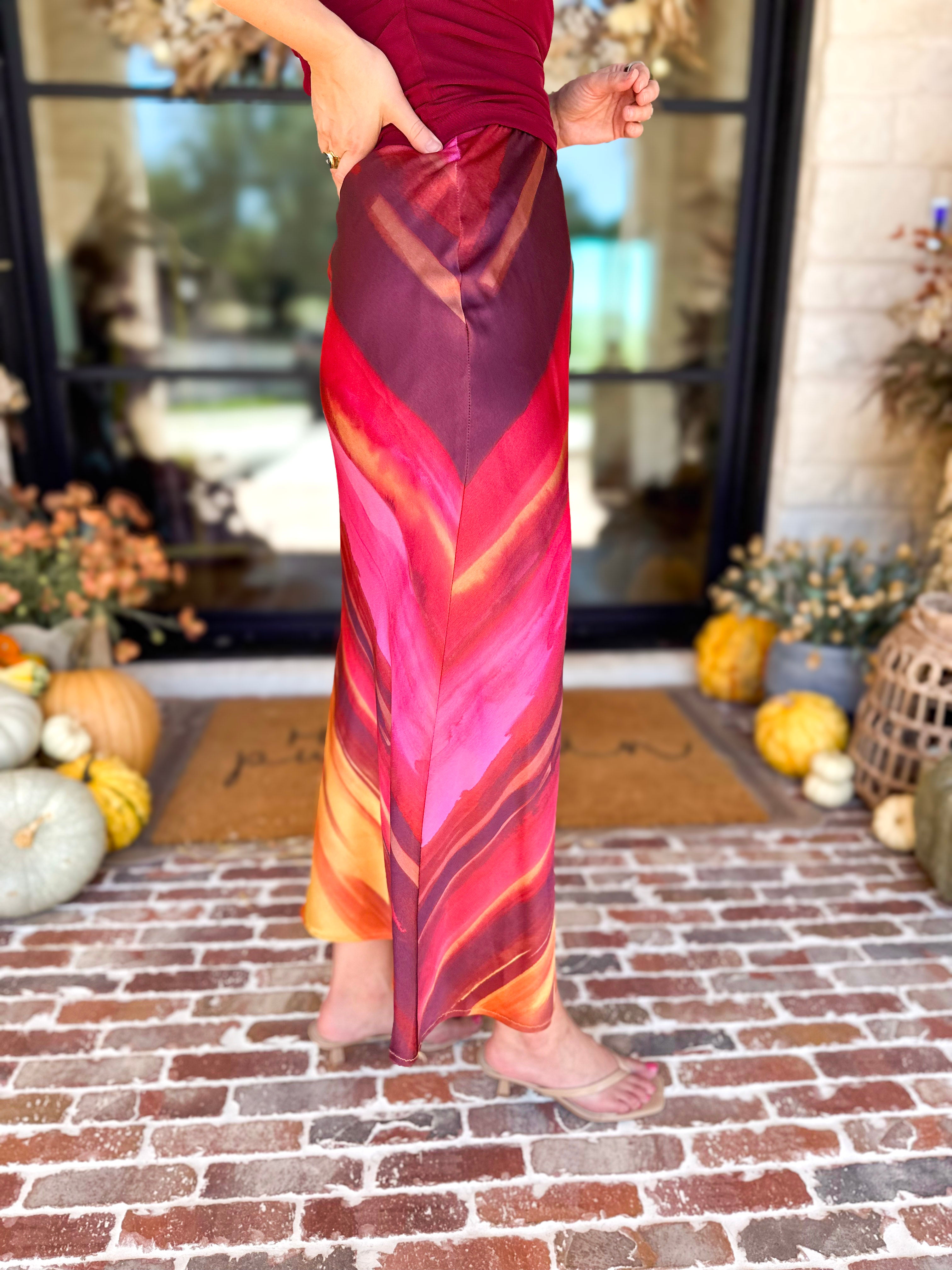 Golden Sunset Satin Midi Skirt-410 Shorts/Skirts-DRESS FORUM-July & June Women's Fashion Boutique Located in San Antonio, Texas