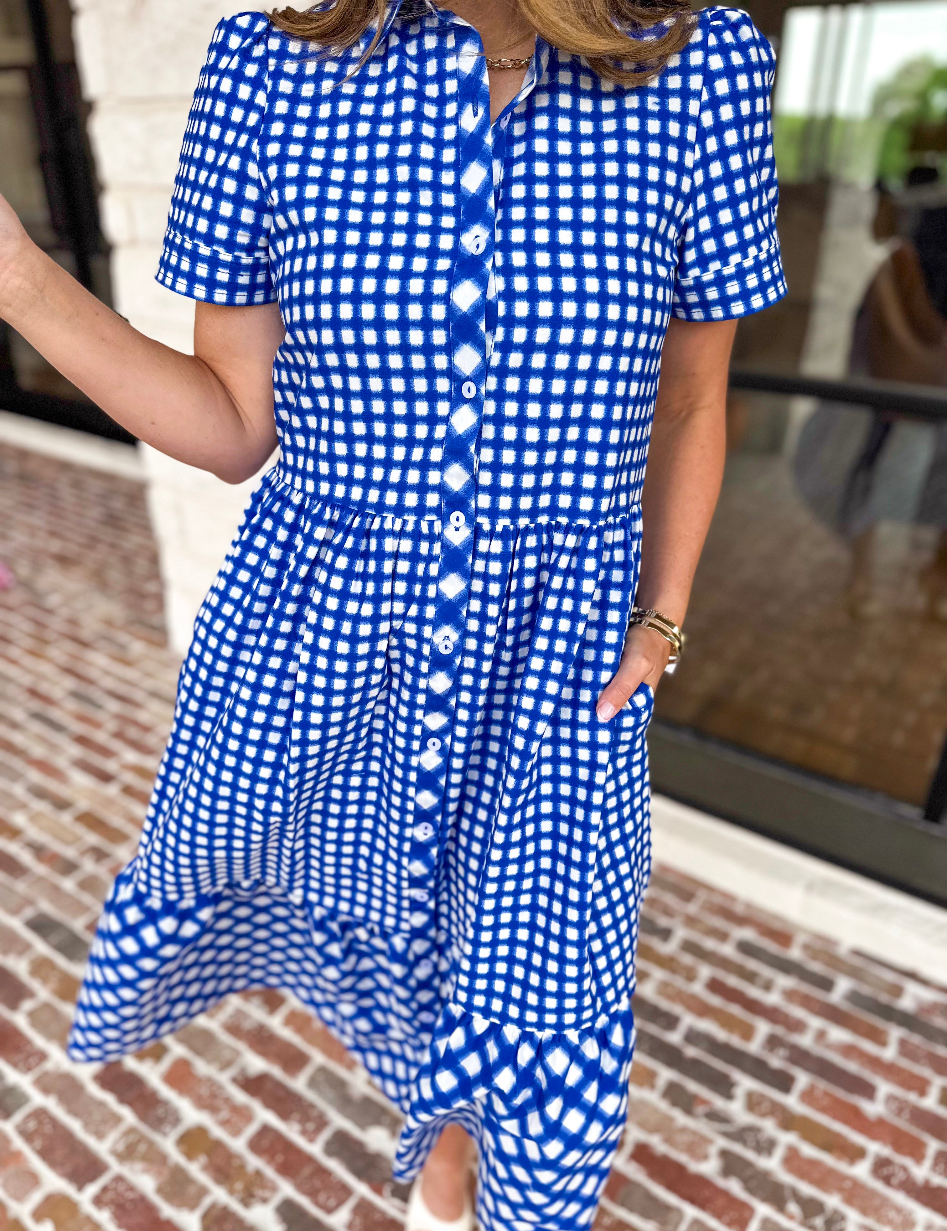 Mary Square - Jema Gingham Navy Mix Midi Dress-500 Midi-MARY SQUARE-July & June Women's Fashion Boutique Located in San Antonio, Texas