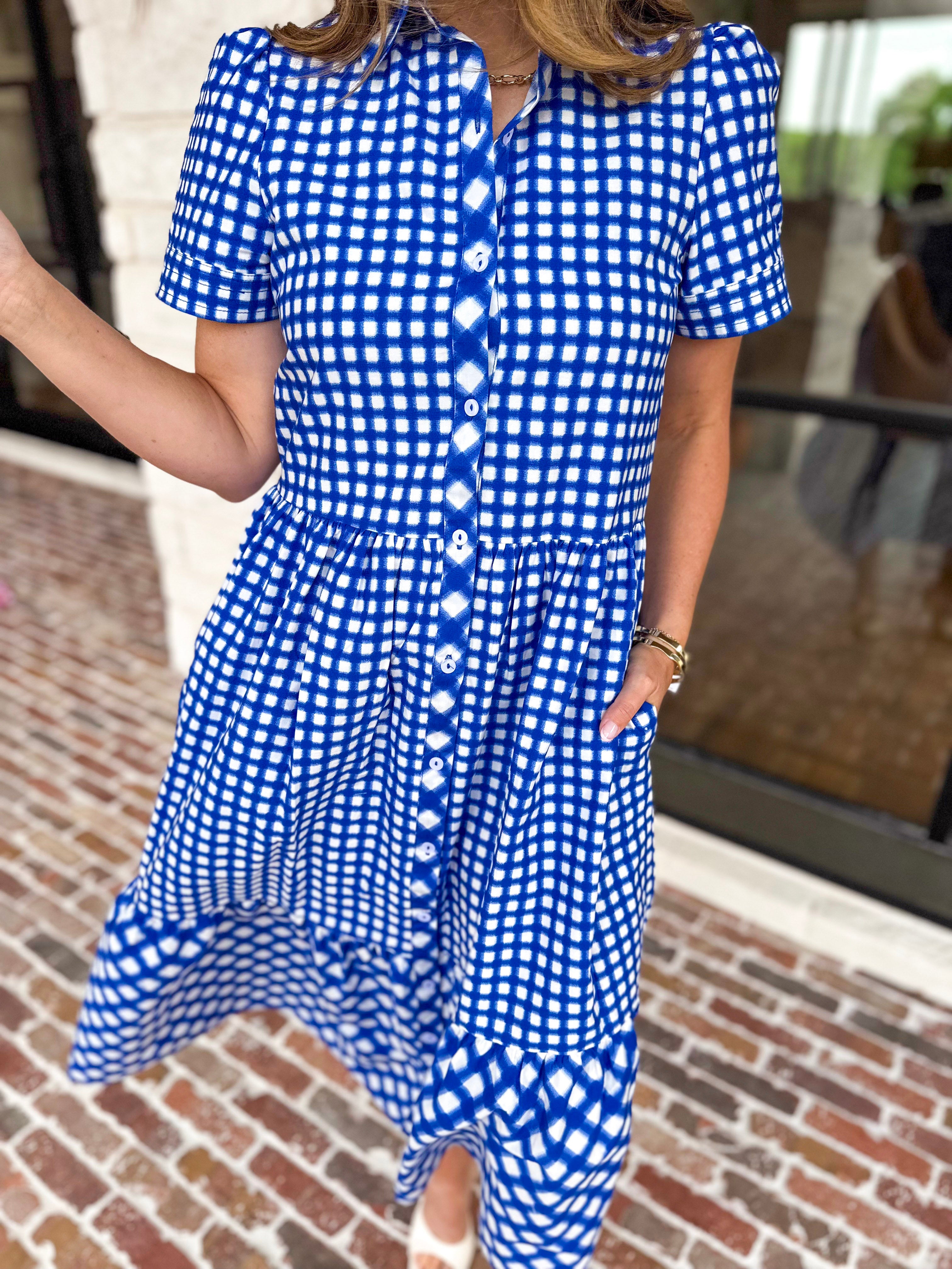 Mary Square - Jema Gingham Navy Mix Midi Dress-500 Midi-MARY SQUARE-July & June Women's Fashion Boutique Located in San Antonio, Texas