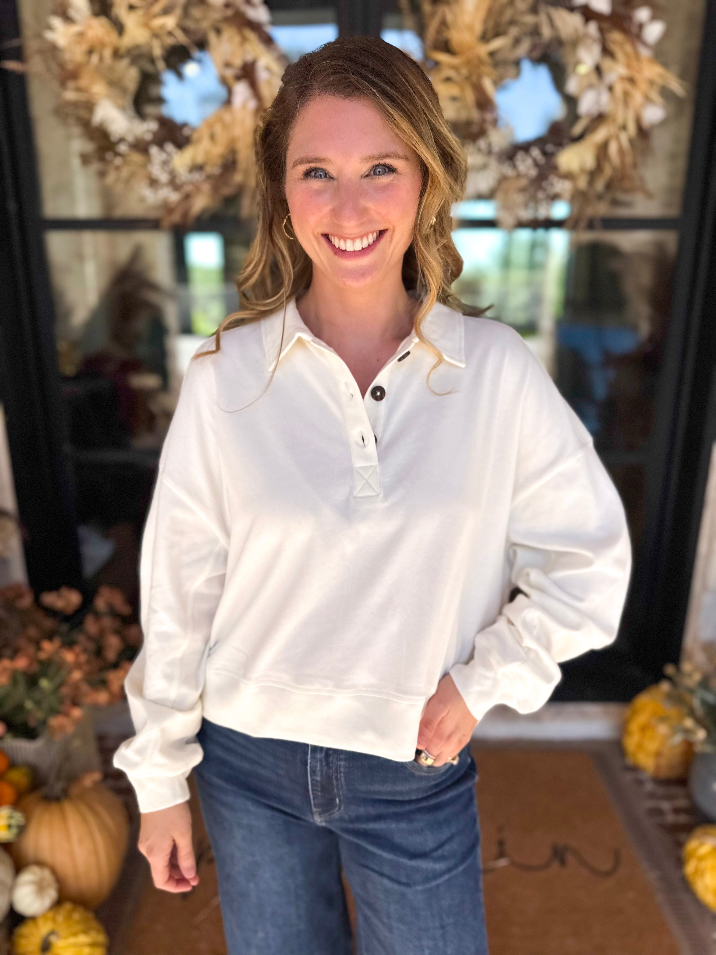 PINK FRIDAY DOORBUSTERS - Henley Polo Top - Cream - ONLINE - FINAL SALE-PINK FRIDAY DOORBUSTERS-DOUBLE ZERO-July & June Women's Fashion Boutique Located in San Antonio, Texas