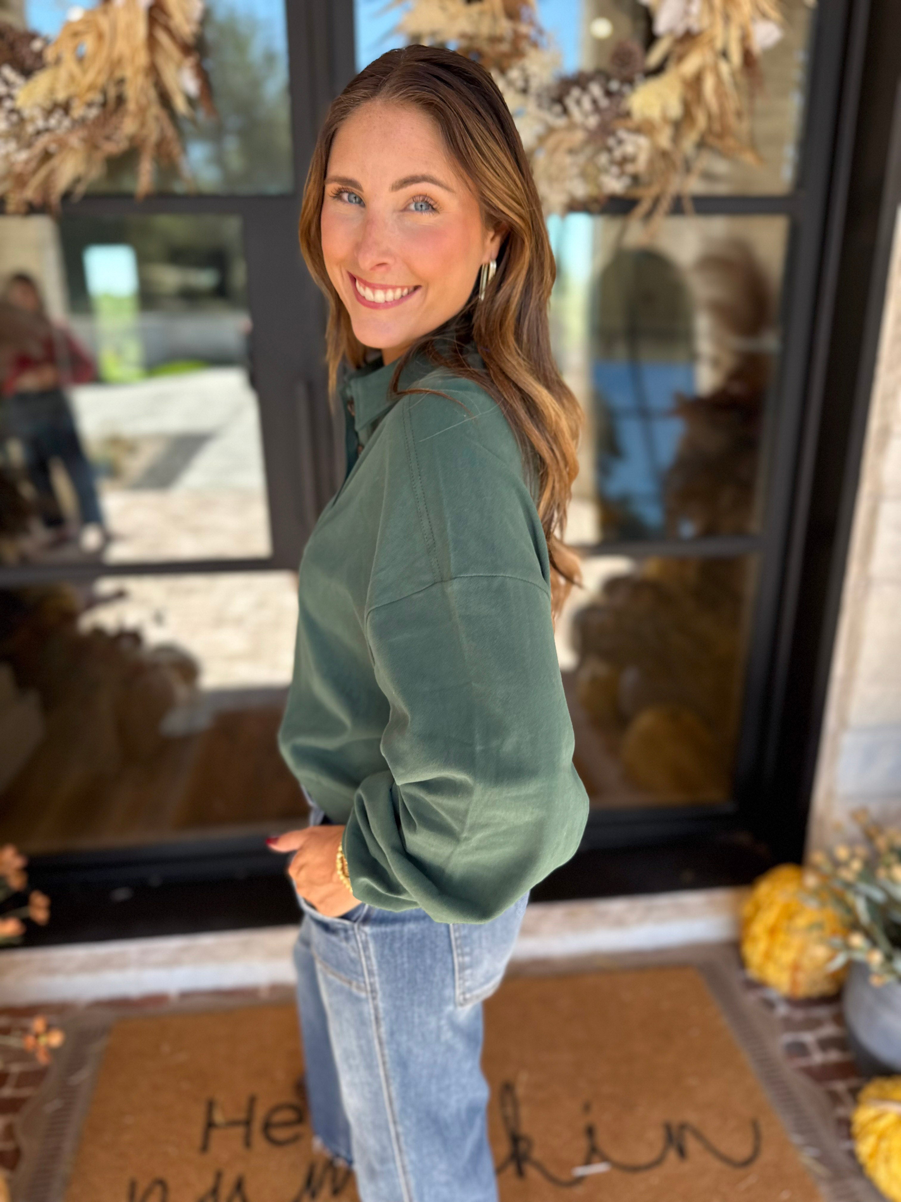 PINK FRIDAY DOORBUSTERS - Henley Polo Top - Green - ONLINE - FINAL SALE-PINK FRIDAY DOORBUSTERS-DOUBLE ZERO-July & June Women's Fashion Boutique Located in San Antonio, Texas