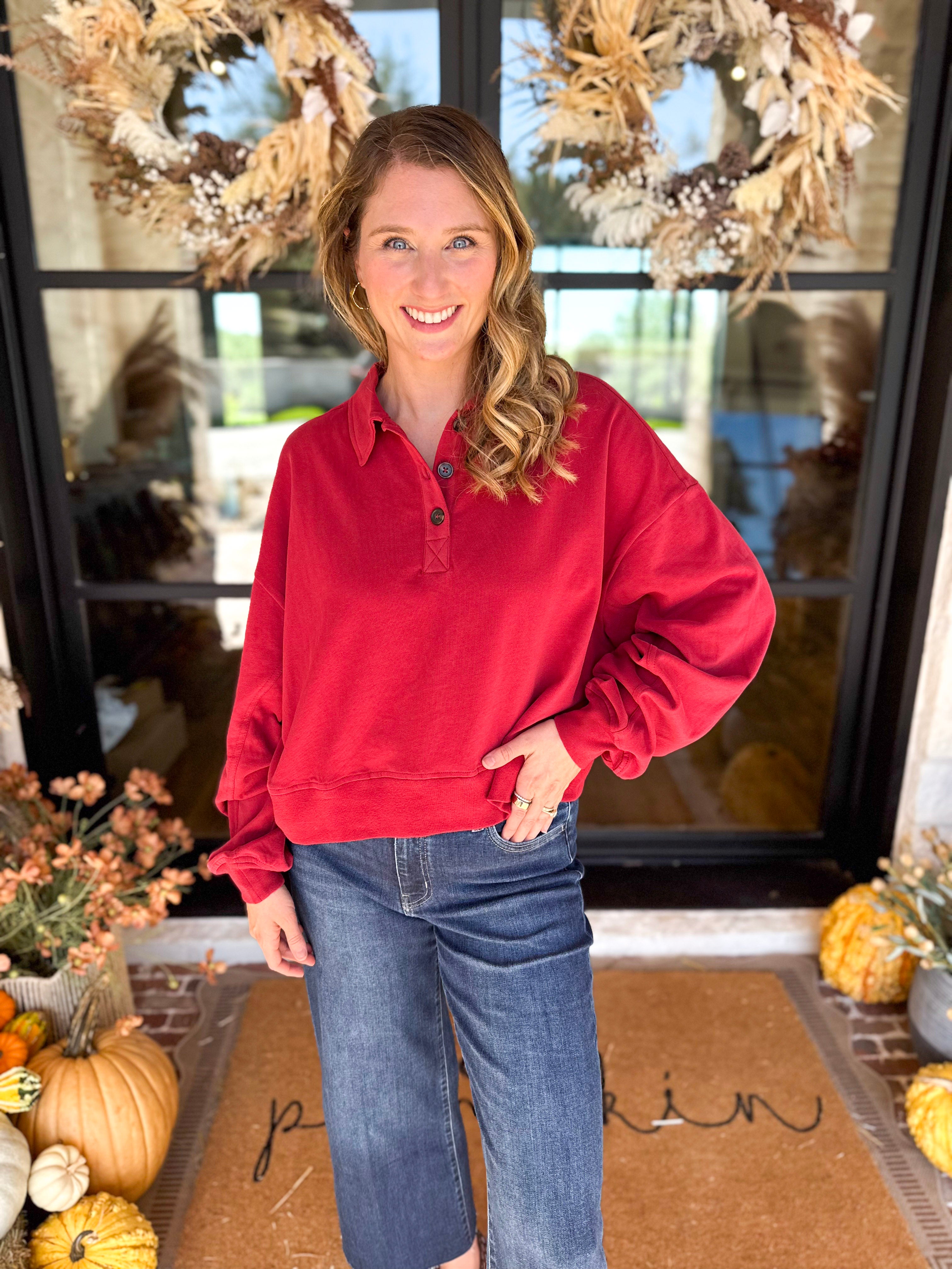 PINK FRIDAY DOORBUSTERS - Henley Polo Top - Red - ONLINE - FINAL SALE-PINK FRIDAY DOORBUSTERS-DOUBLE ZERO-July & June Women's Fashion Boutique Located in San Antonio, Texas