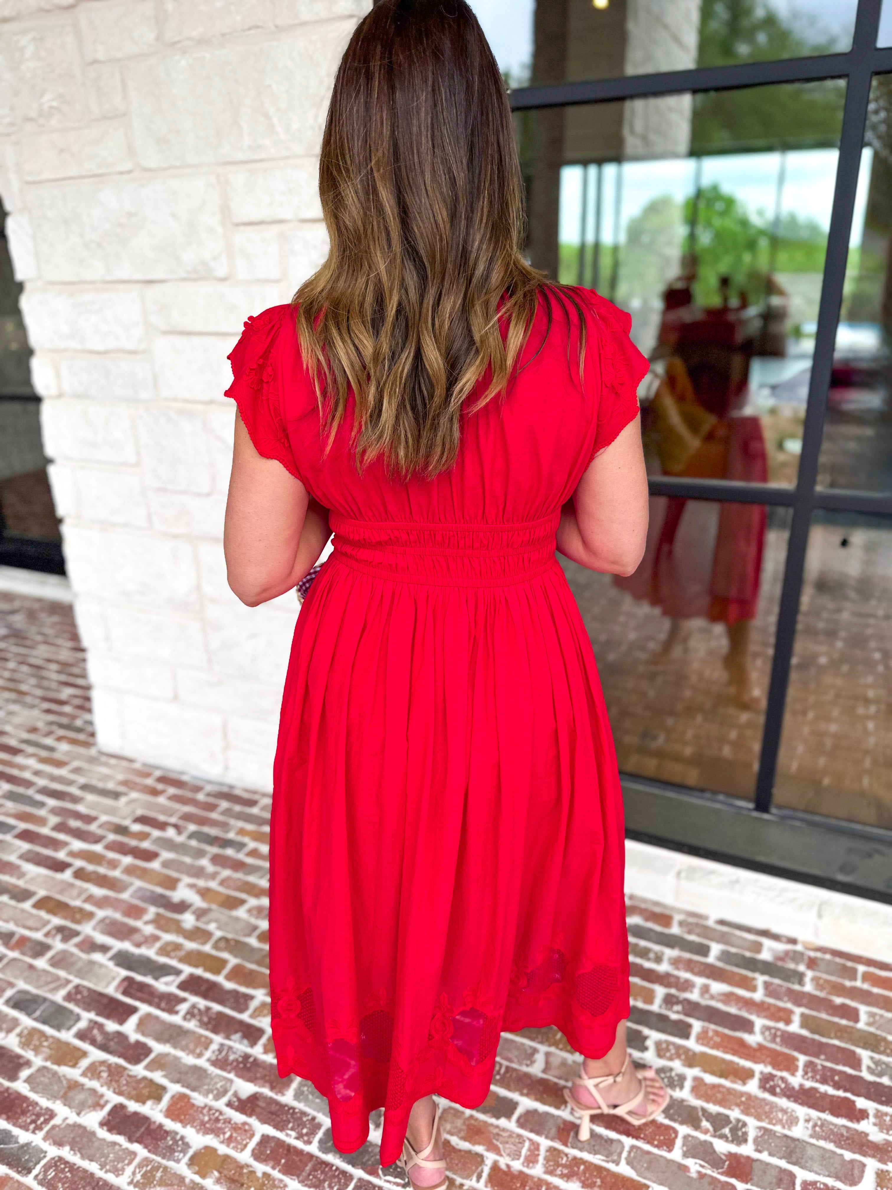 Current Air - Bold Red Blooms Midi Dress-500 Midi-CURRENT AIR CLOTHING-July & June Women's Fashion Boutique Located in San Antonio, Texas