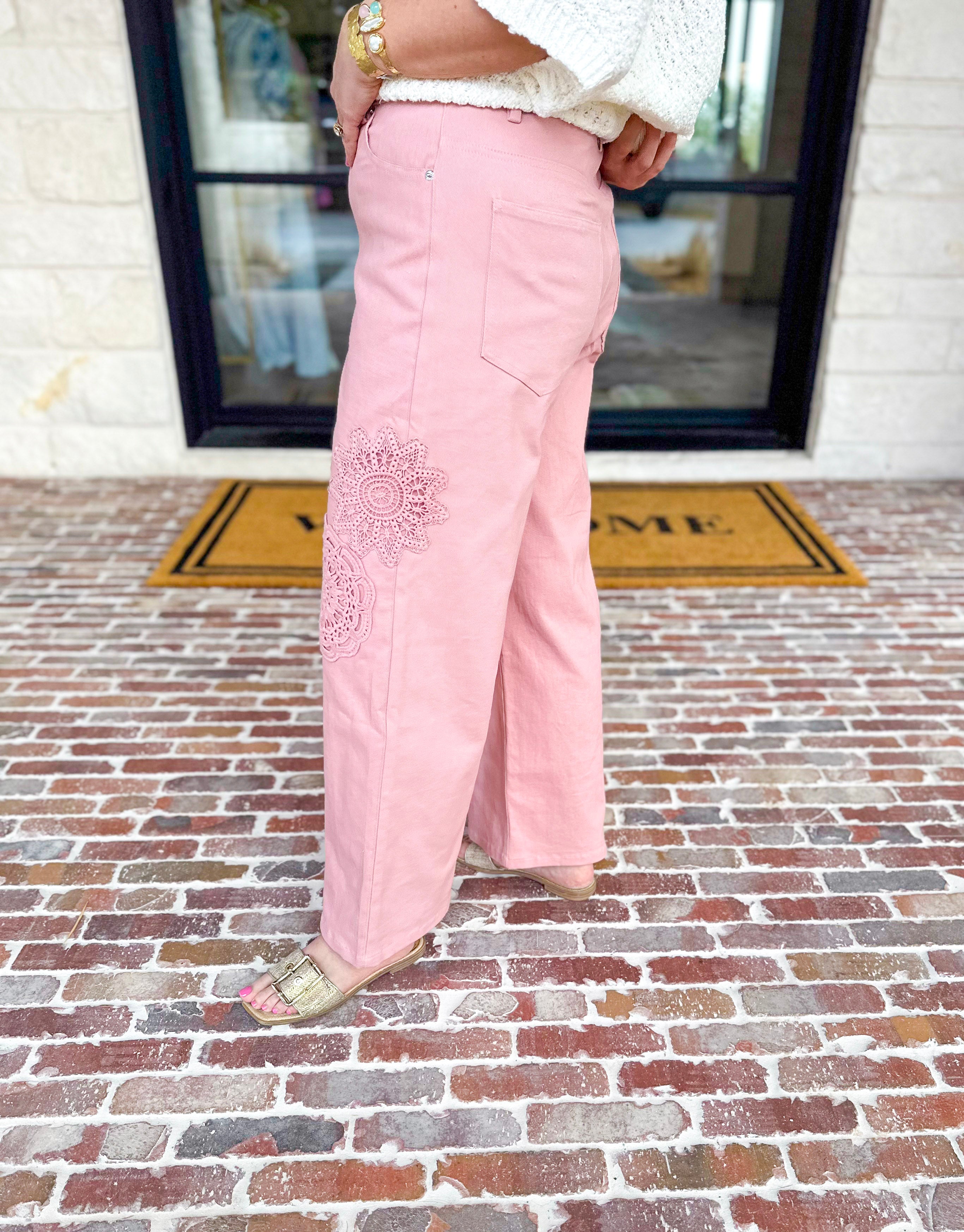 Blush Crochet Denim Pants-400 Pants-ENTRO-July & June Women's Fashion Boutique Located in San Antonio, Texas