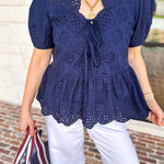 Current Air - Navy Eyelet Blouse-200 Fashion Blouses-CURRENT AIR CLOTHING-July & June Women's Fashion Boutique Located in San Antonio, Texas