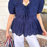 Current Air - Navy Eyelet Blouse-200 Fashion Blouses-CURRENT AIR CLOTHING-July & June Women's Fashion Boutique Located in San Antonio, Texas