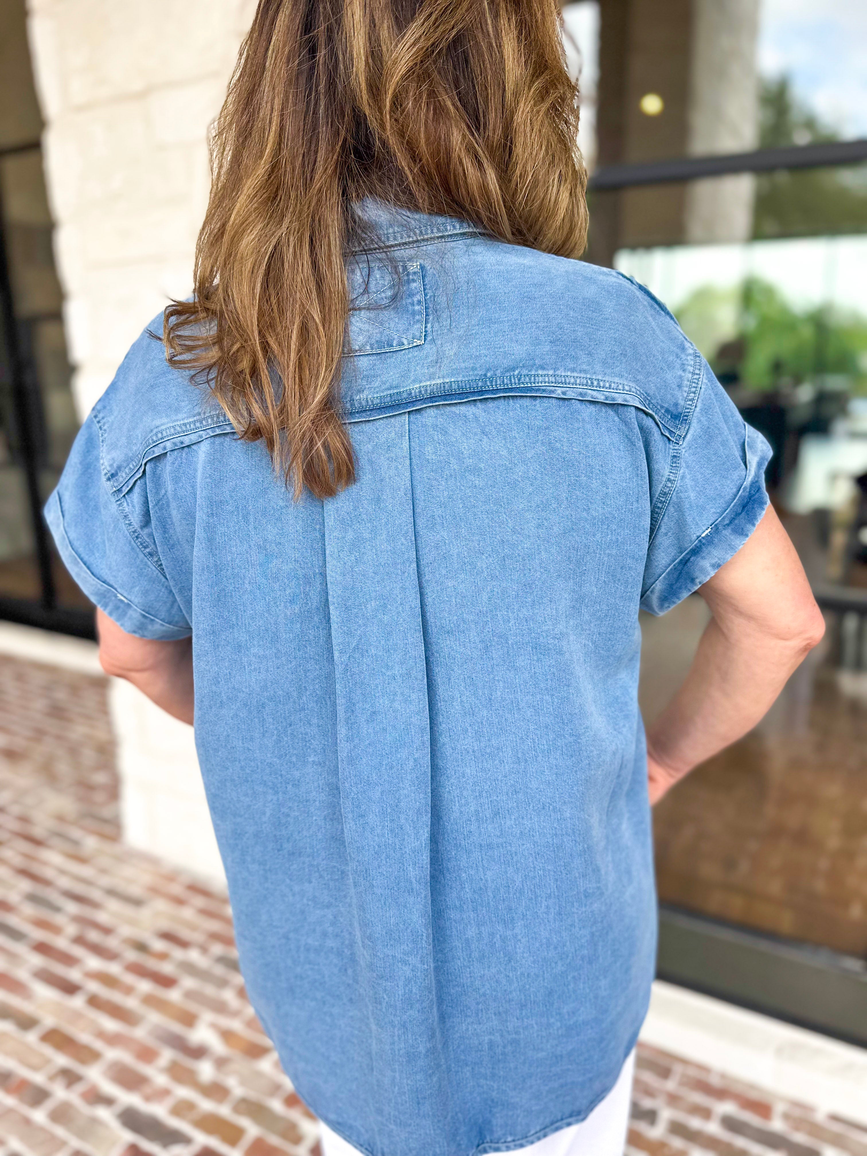 Denim Tencel Button Down Blouse-200 Fashion Blouses-RAE MODE-July & June Women's Fashion Boutique Located in San Antonio, Texas