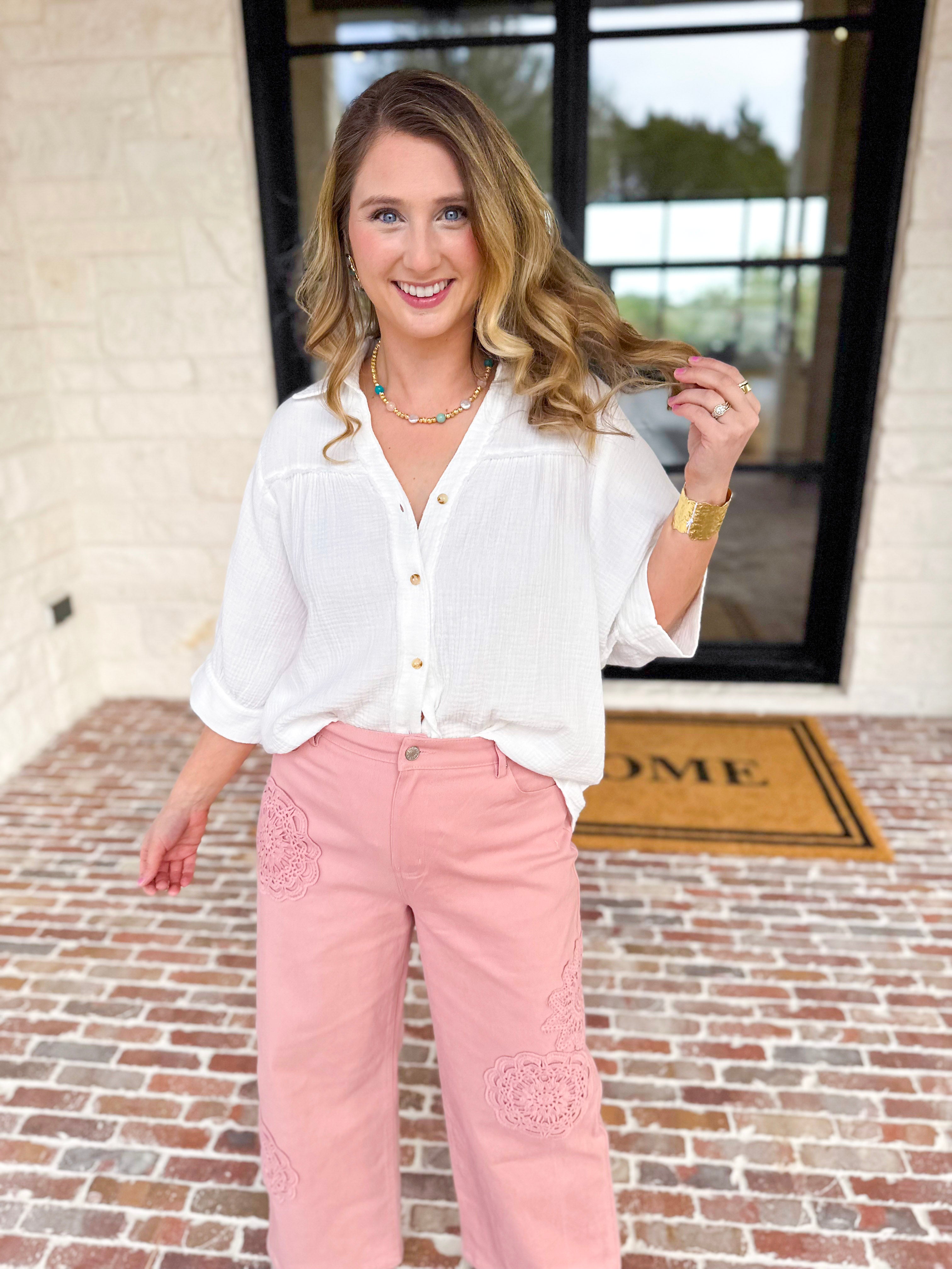 Gauze Button Down Blouse - Ivory-200 Fashion Blouses-IN FEBRUARY-July & June Women's Fashion Boutique Located in San Antonio, Texas