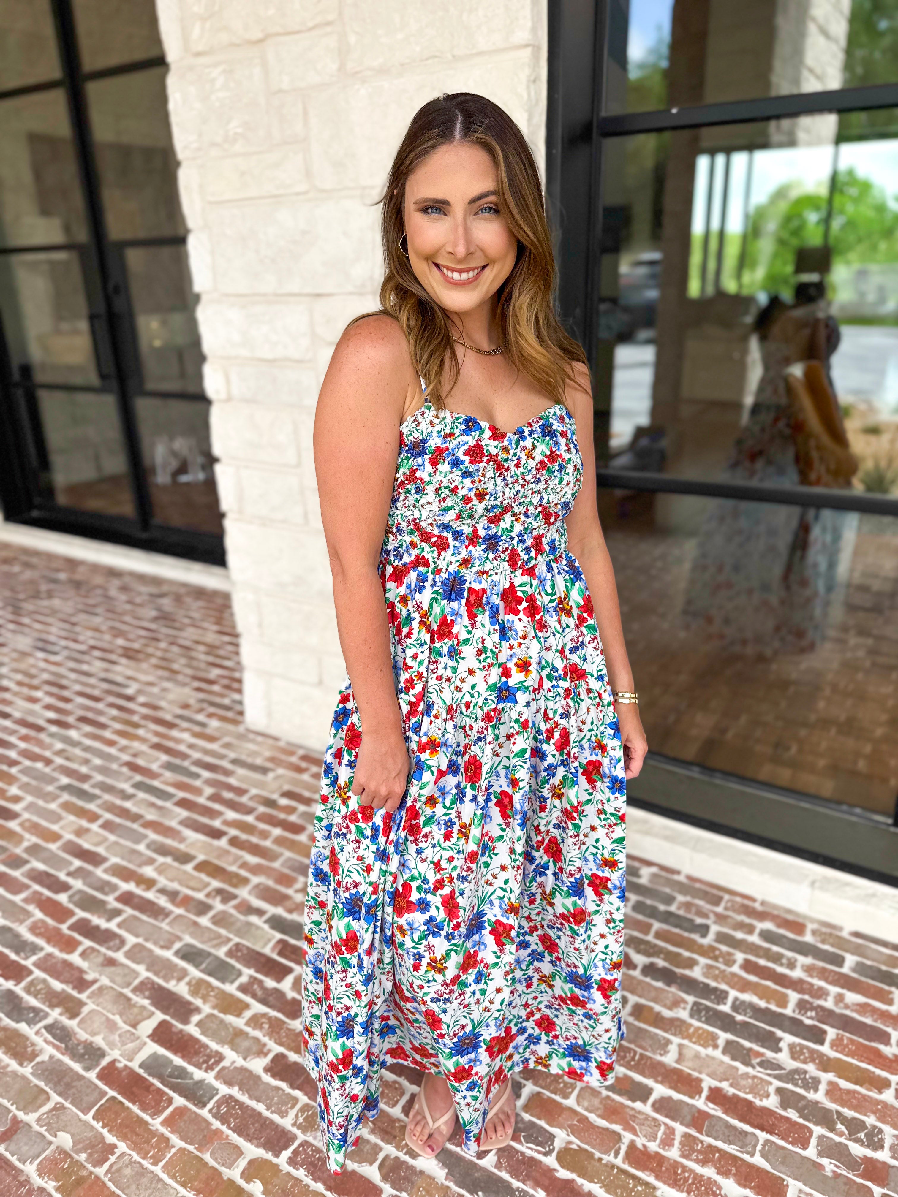 Summer In Bloom Midi Dress-500 Midi-SKIES ARE BLUE-July & June Women's Fashion Boutique Located in San Antonio, Texas