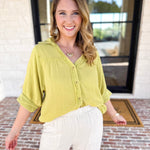 Gauze Button Down Blouse - Chartreuse-200 Fashion Blouses-IN FEBRUARY-July & June Women's Fashion Boutique Located in San Antonio, Texas