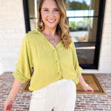 Gauze Button Down Blouse - Chartreuse-200 Fashion Blouses-IN FEBRUARY-July & June Women's Fashion Boutique Located in San Antonio, Texas