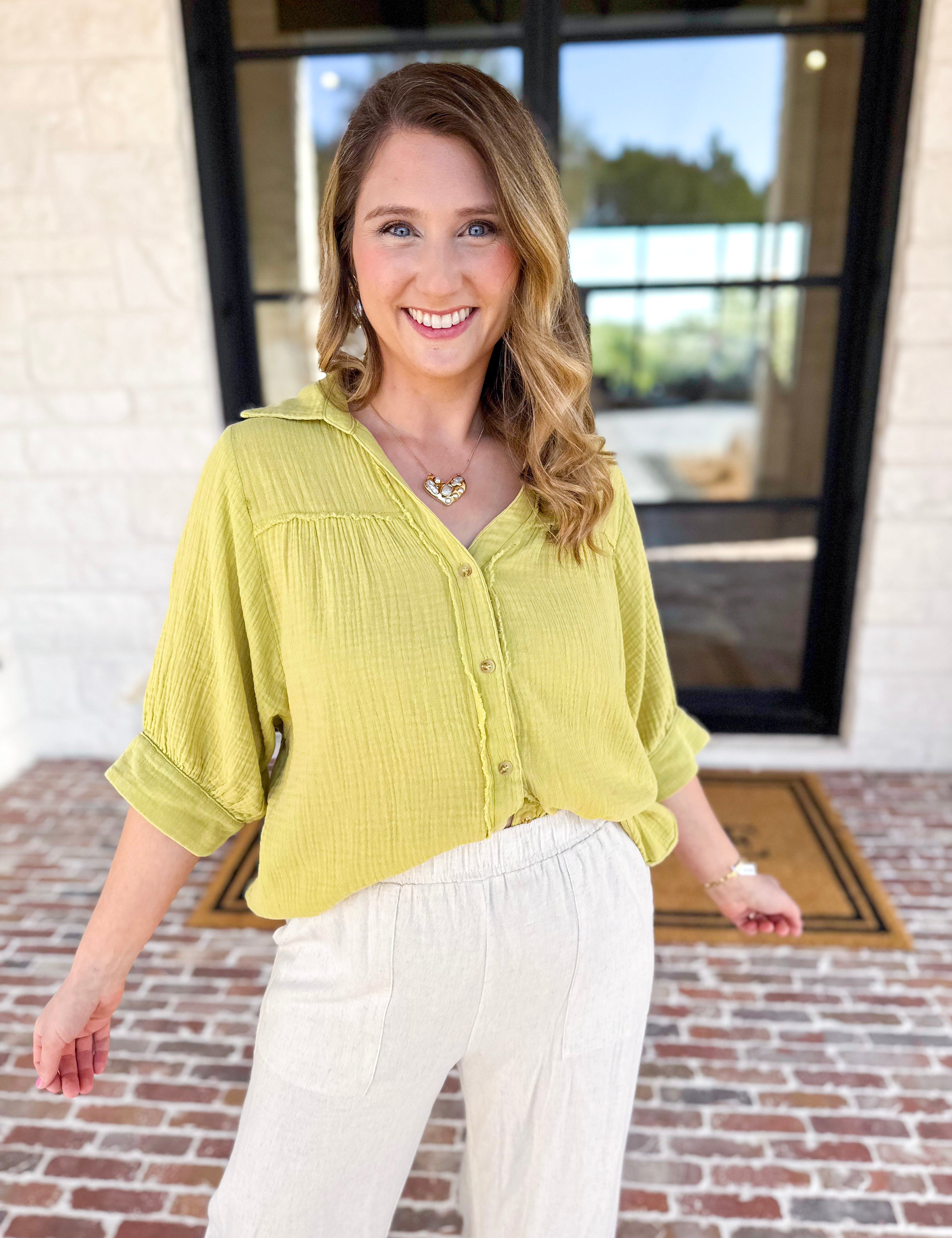 Gauze Button Down Blouse - Chartreuse-200 Fashion Blouses-IN FEBRUARY-July & June Women's Fashion Boutique Located in San Antonio, Texas