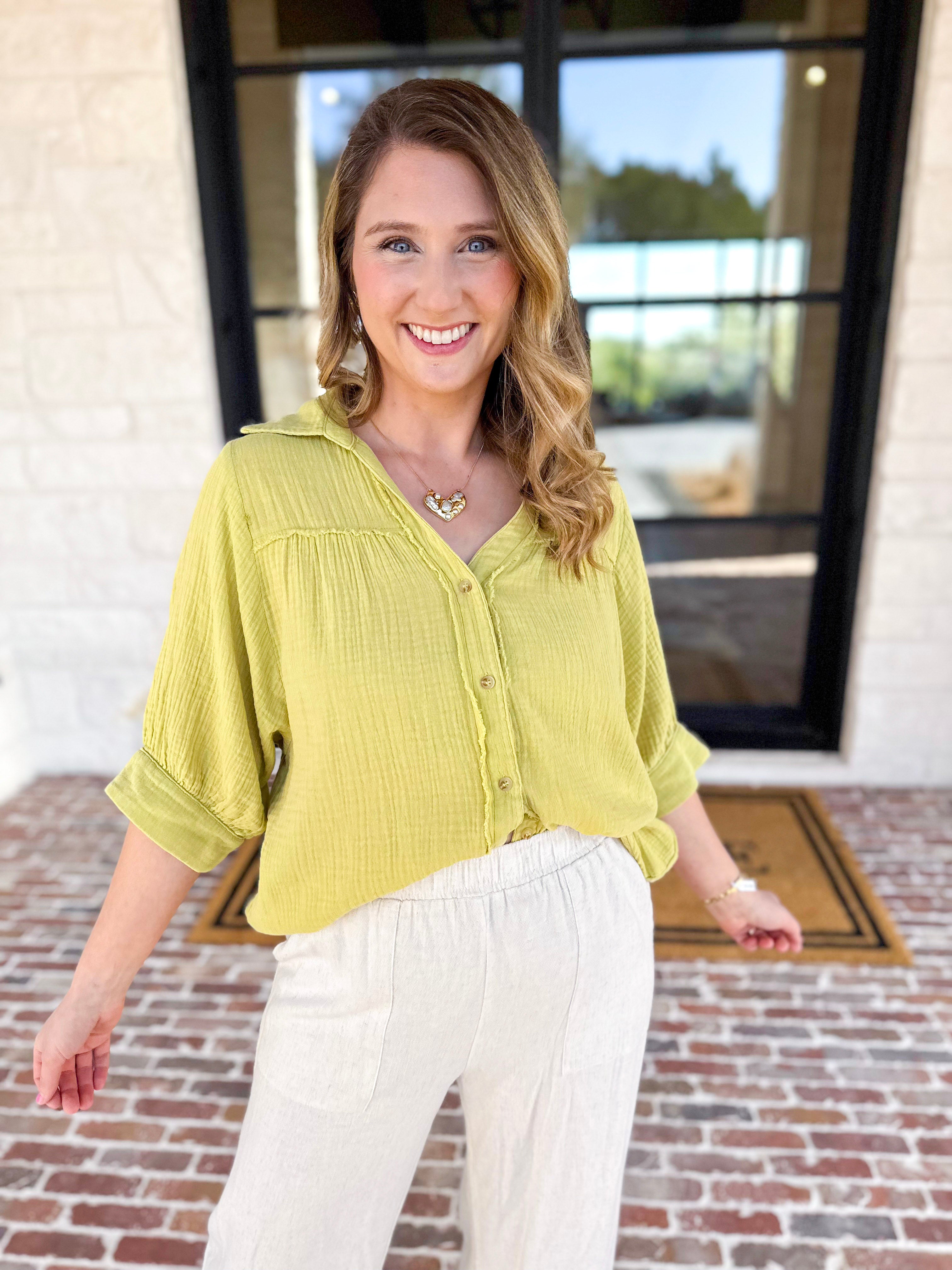 Gauze Button Down Blouse - Chartreuse-200 Fashion Blouses-IN FEBRUARY-July & June Women's Fashion Boutique Located in San Antonio, Texas