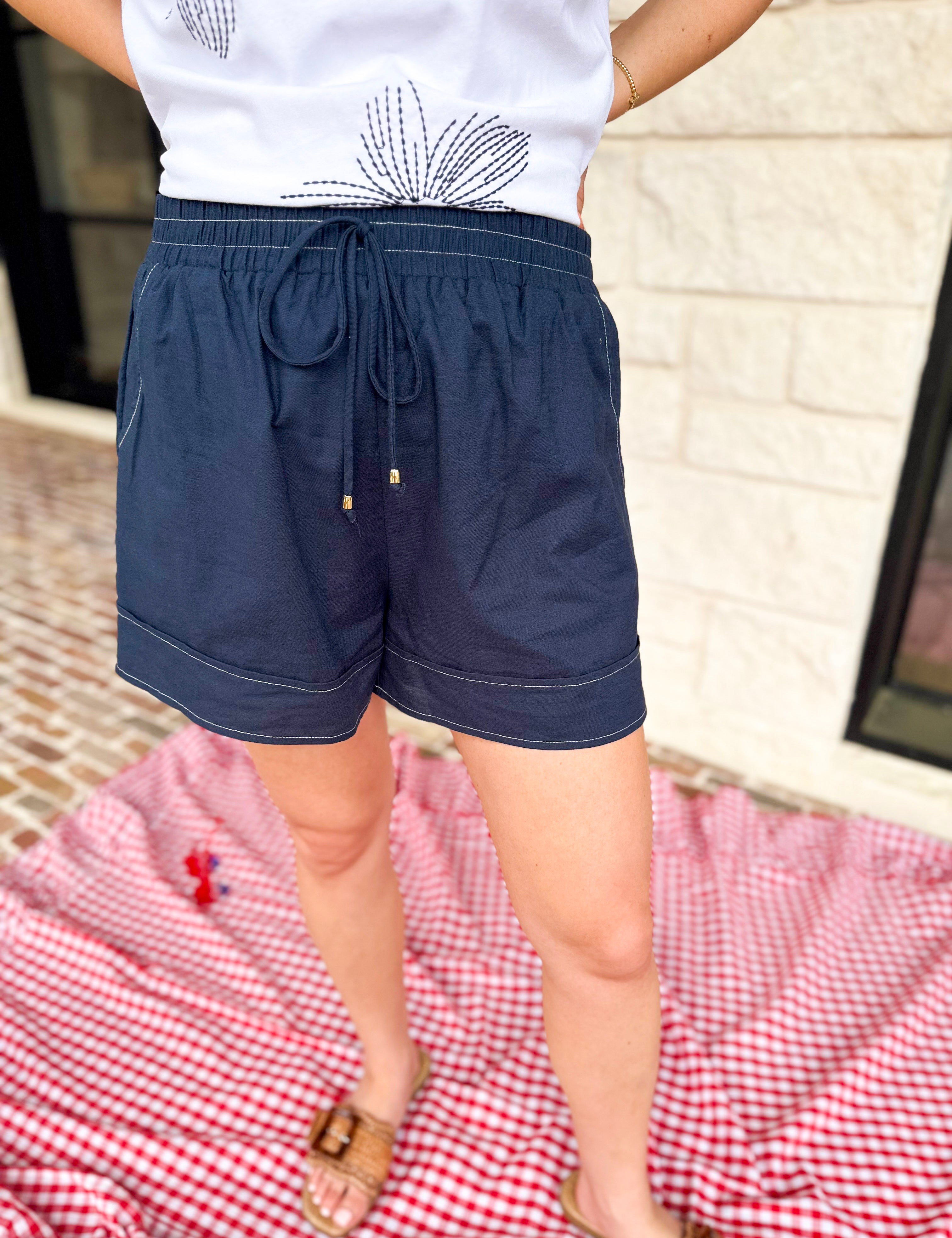 Navy Threaded Shorts-410 Shorts/Skirts-ENTRO-July & June Women's Fashion Boutique Located in San Antonio, Texas