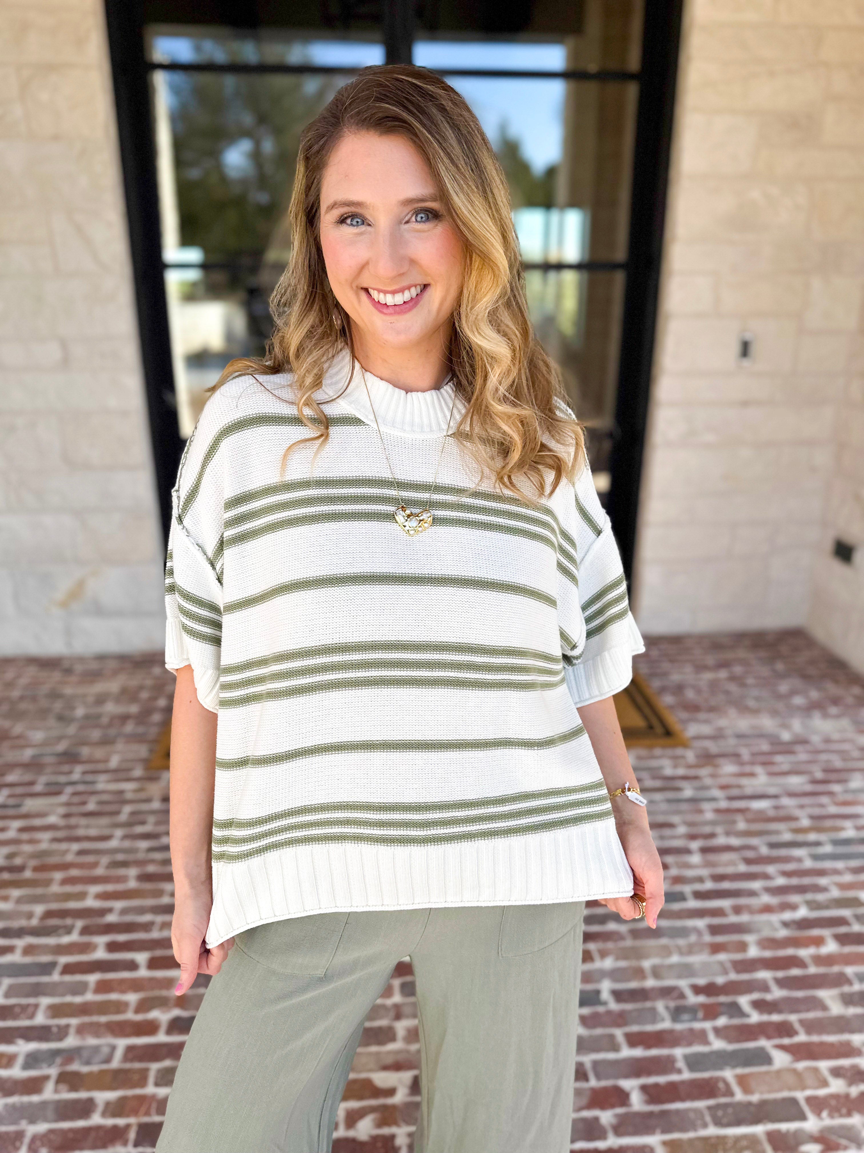 Sage & Ivory Stripe Short Sleeve Knit Top-230 Sweaters/Cardis-RAE MODE-July & June Women's Fashion Boutique Located in San Antonio, Texas