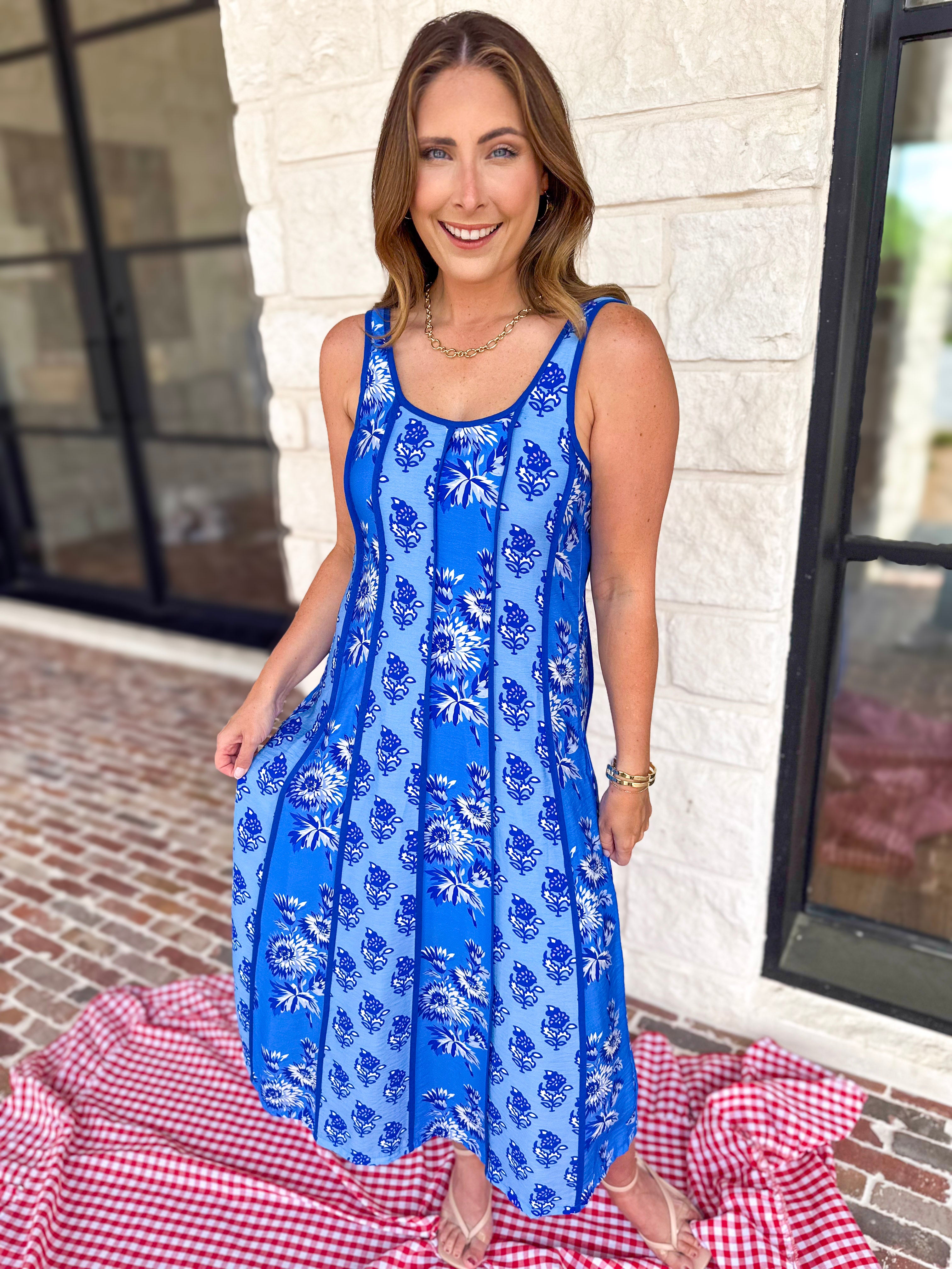 THML - Blue Floral Fields Midi Dress-500 Midi-THML-July & June Women's Fashion Boutique Located in San Antonio, Texas