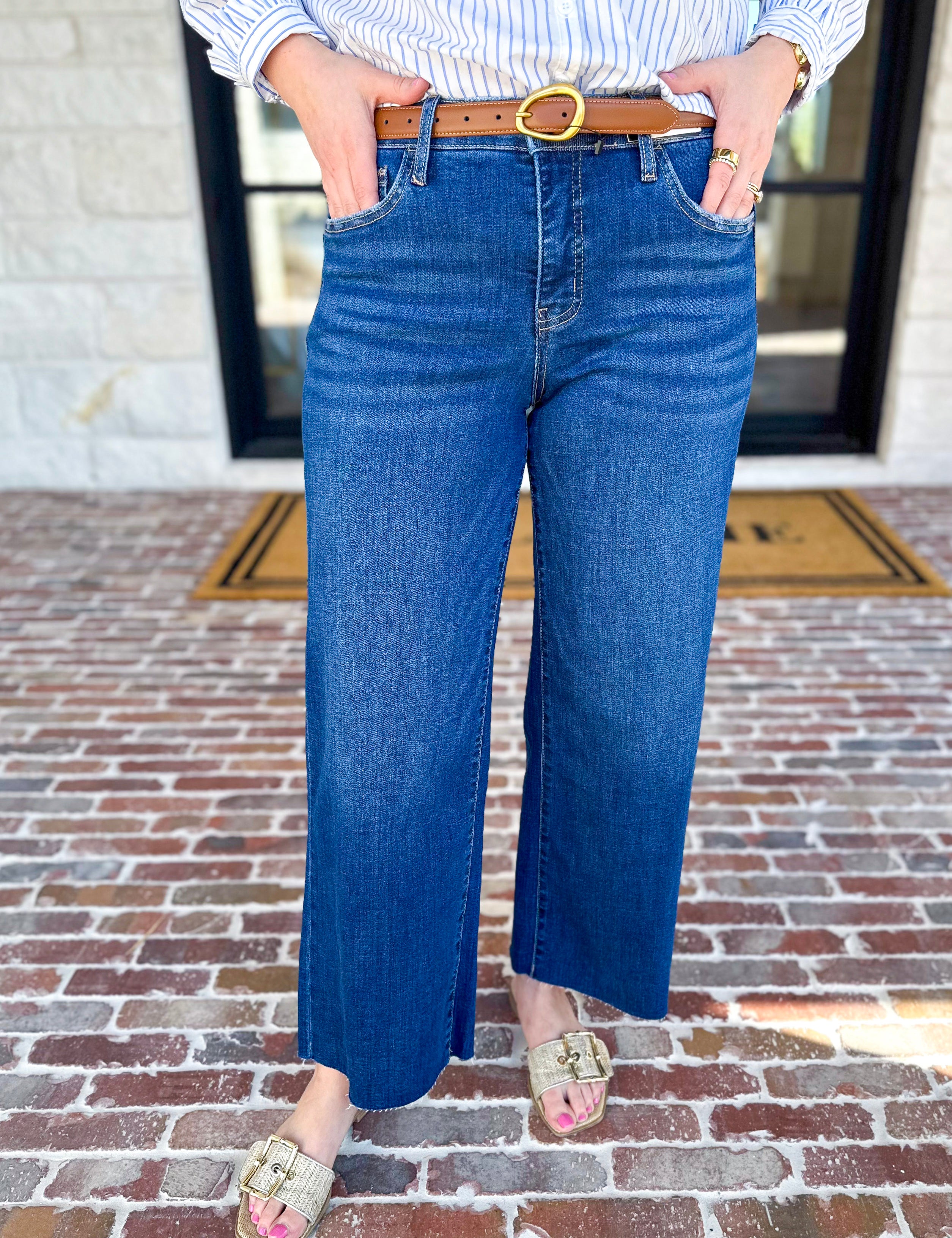 Vervet - Mid Rise Dark Wash Wide Leg Jeans-400 Pants-VEVERT BY FLYING MONKEY-July & June Women's Fashion Boutique Located in San Antonio, Texas