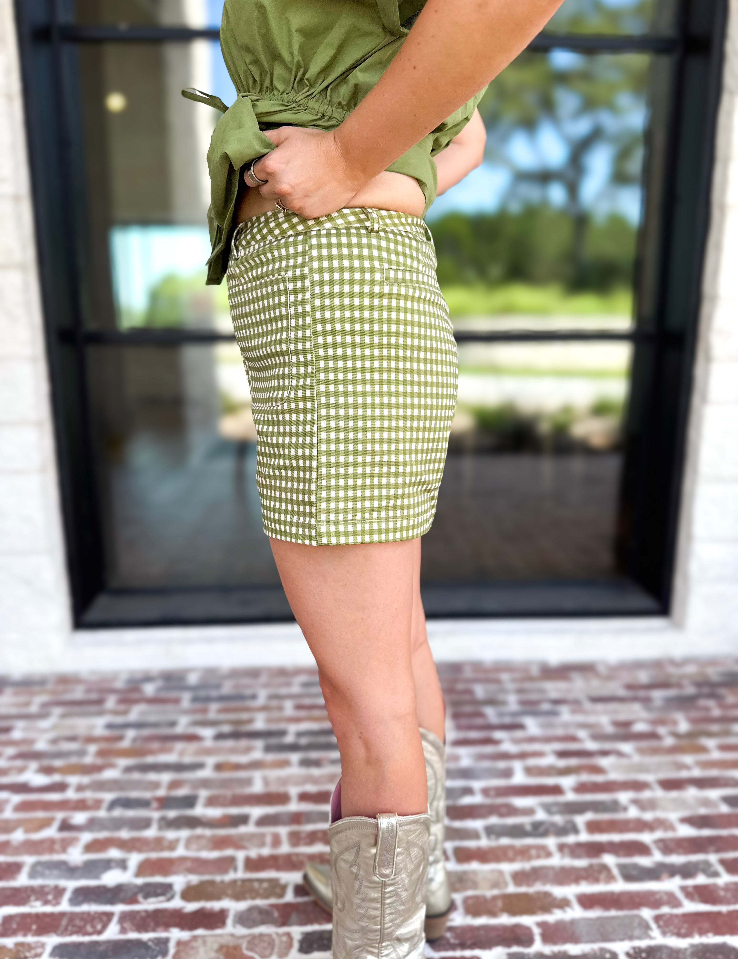 The Sutton Checkered Shorts - Olive-410 Shorts/Skirts-ENTRO-July & June Women's Fashion Boutique Located in San Antonio, Texas
