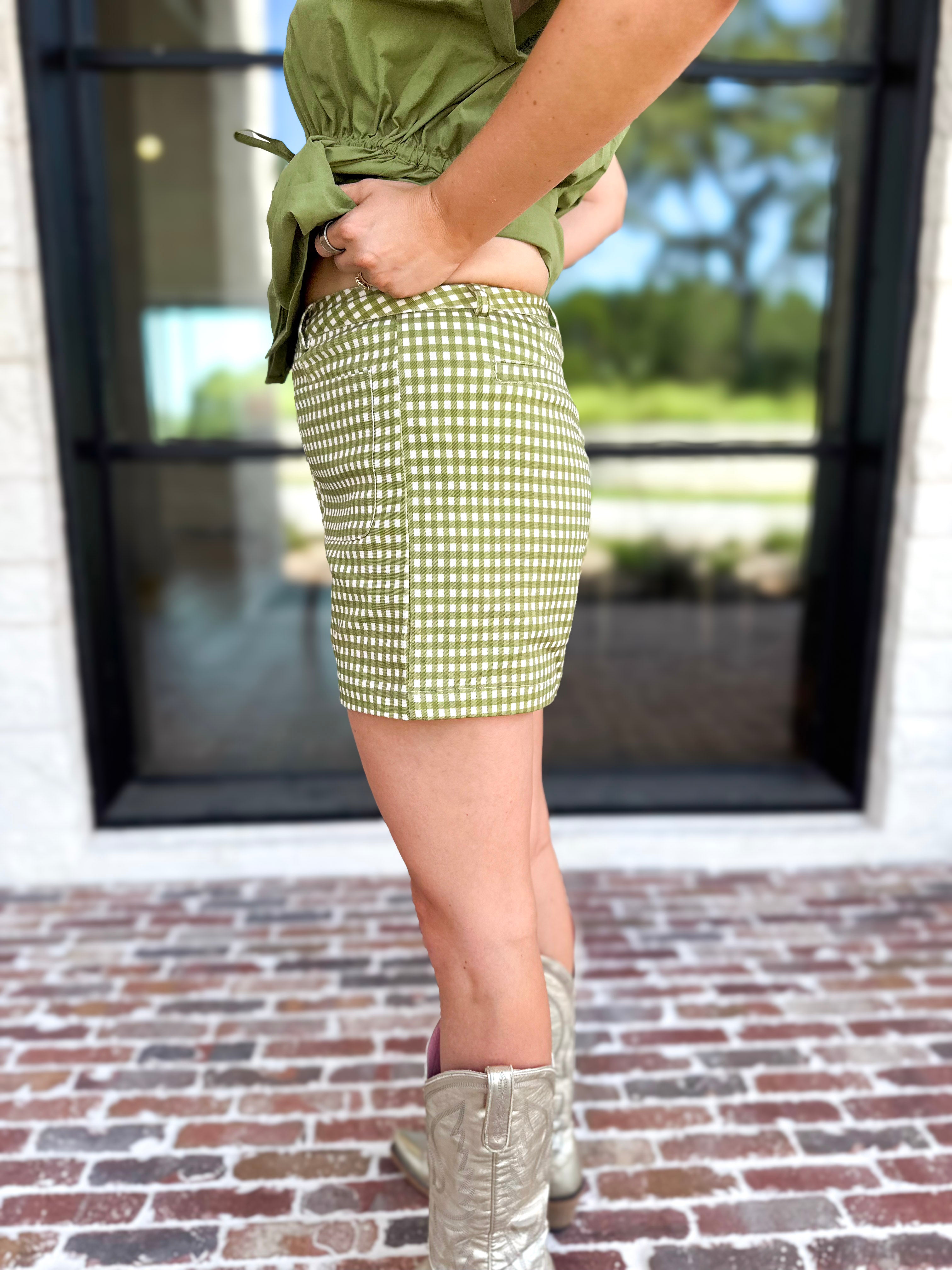 The Sutton Checkered Shorts - Olive-410 Shorts/Skirts-ENTRO-July & June Women's Fashion Boutique Located in San Antonio, Texas