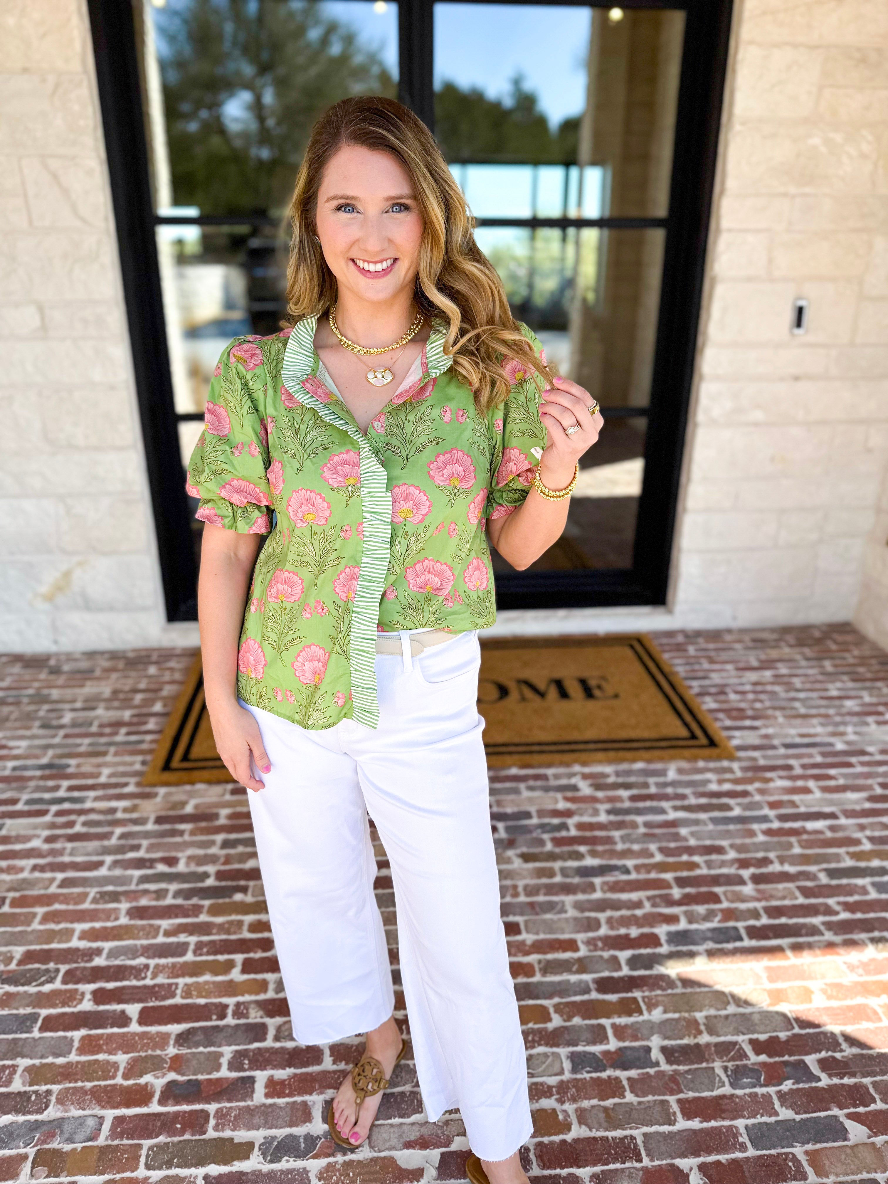 Floral Fun Blouse - Matcha-200 Fashion Blouses-ENTRO-July & June Women's Fashion Boutique Located in San Antonio, Texas