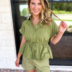 Cinch Waist Blouse - Olive-200 Fashion Blouses-ENTRO-July & June Women's Fashion Boutique Located in San Antonio, Texas
