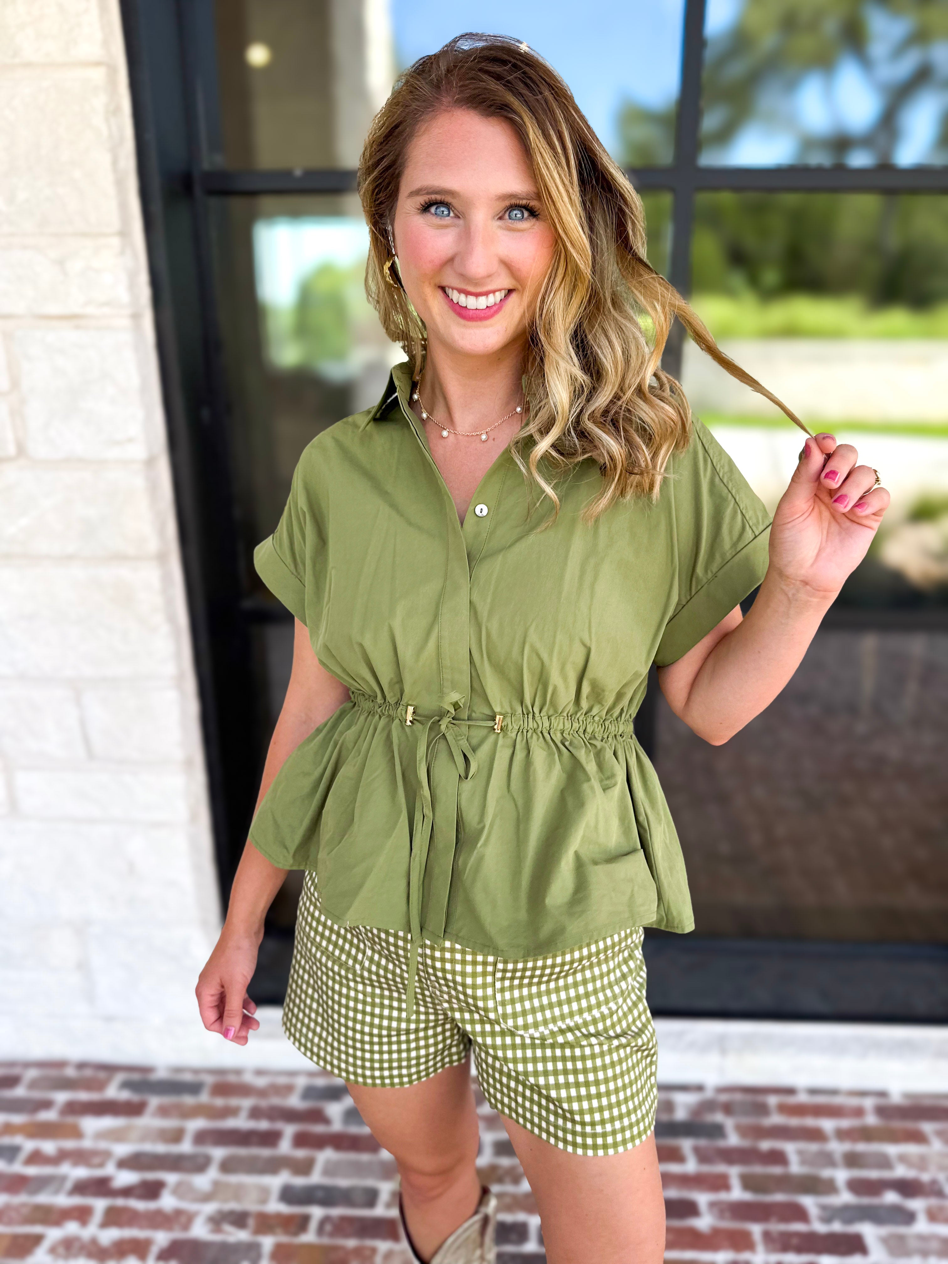 Cinch Waist Blouse - Olive-200 Fashion Blouses-ENTRO-July & June Women's Fashion Boutique Located in San Antonio, Texas