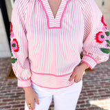 Soft Stripe Embroidered Blouse - Pink-200 Fashion Blouses-ENTRO-July & June Women's Fashion Boutique Located in San Antonio, Texas
